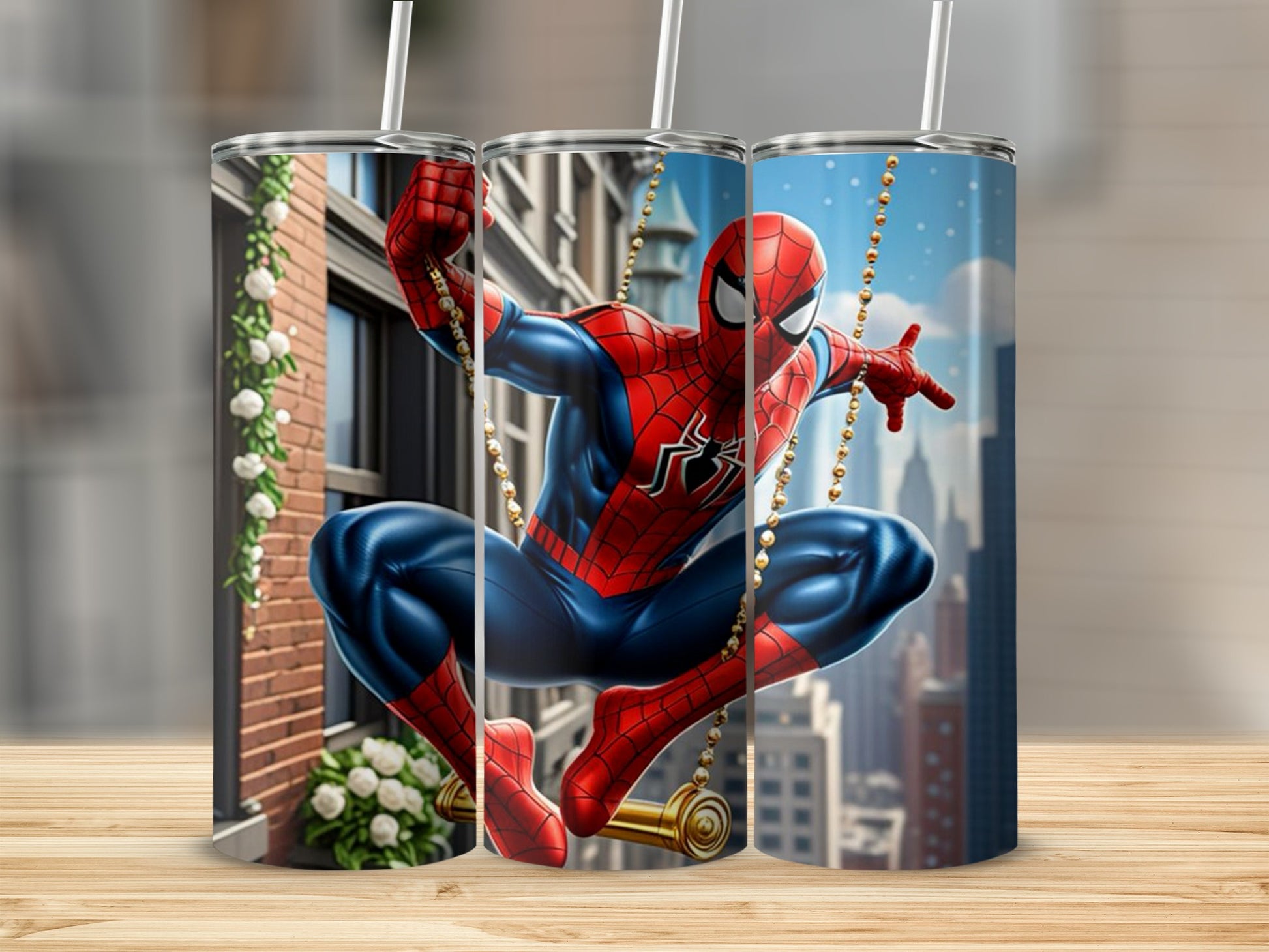 Spider-Man Swinging Through City Streets Tumbler