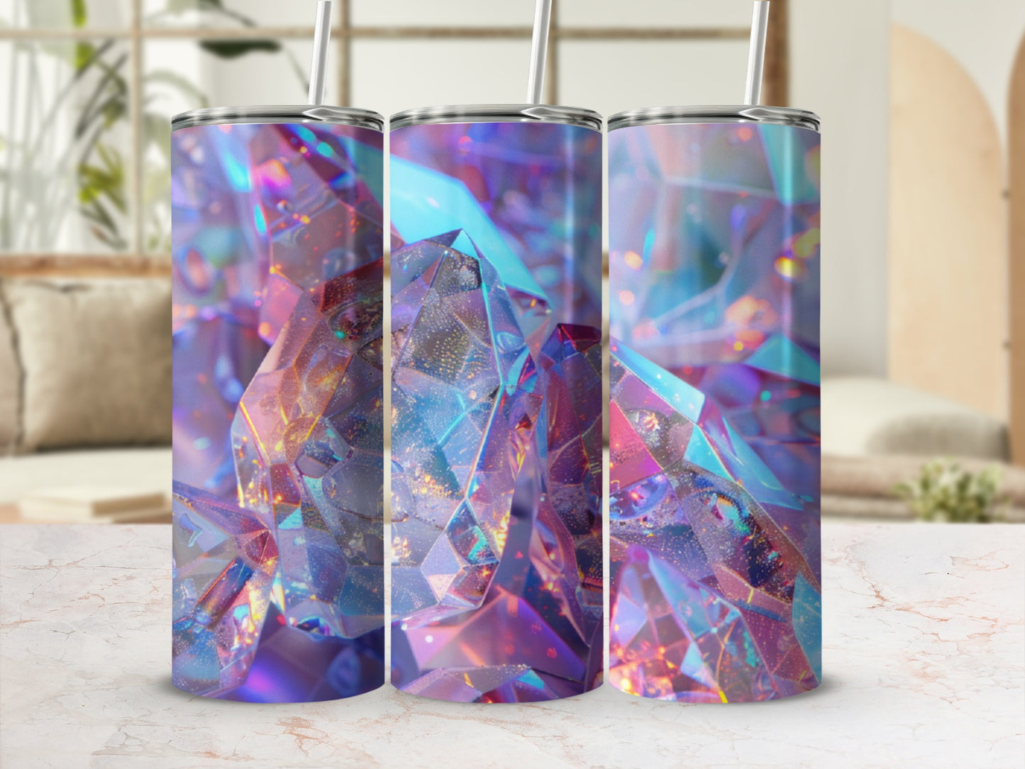 Three faceted iridescent tumblers with geometric crystal designs.