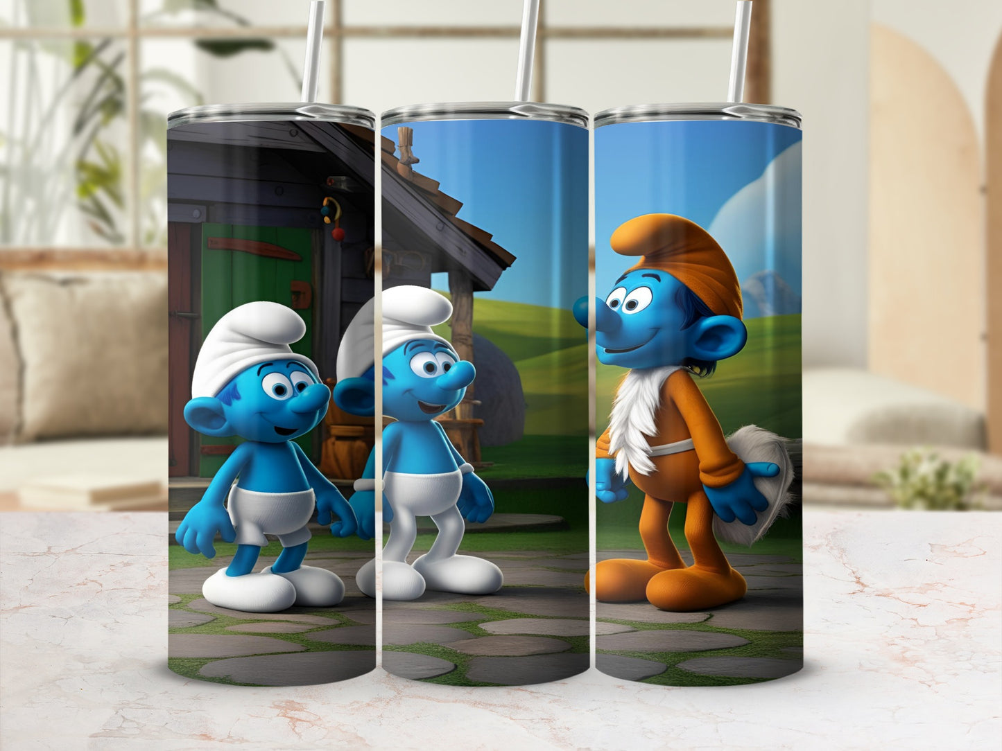 Three Smurfs figurines with Papa Smurf in the center, on a textured background.