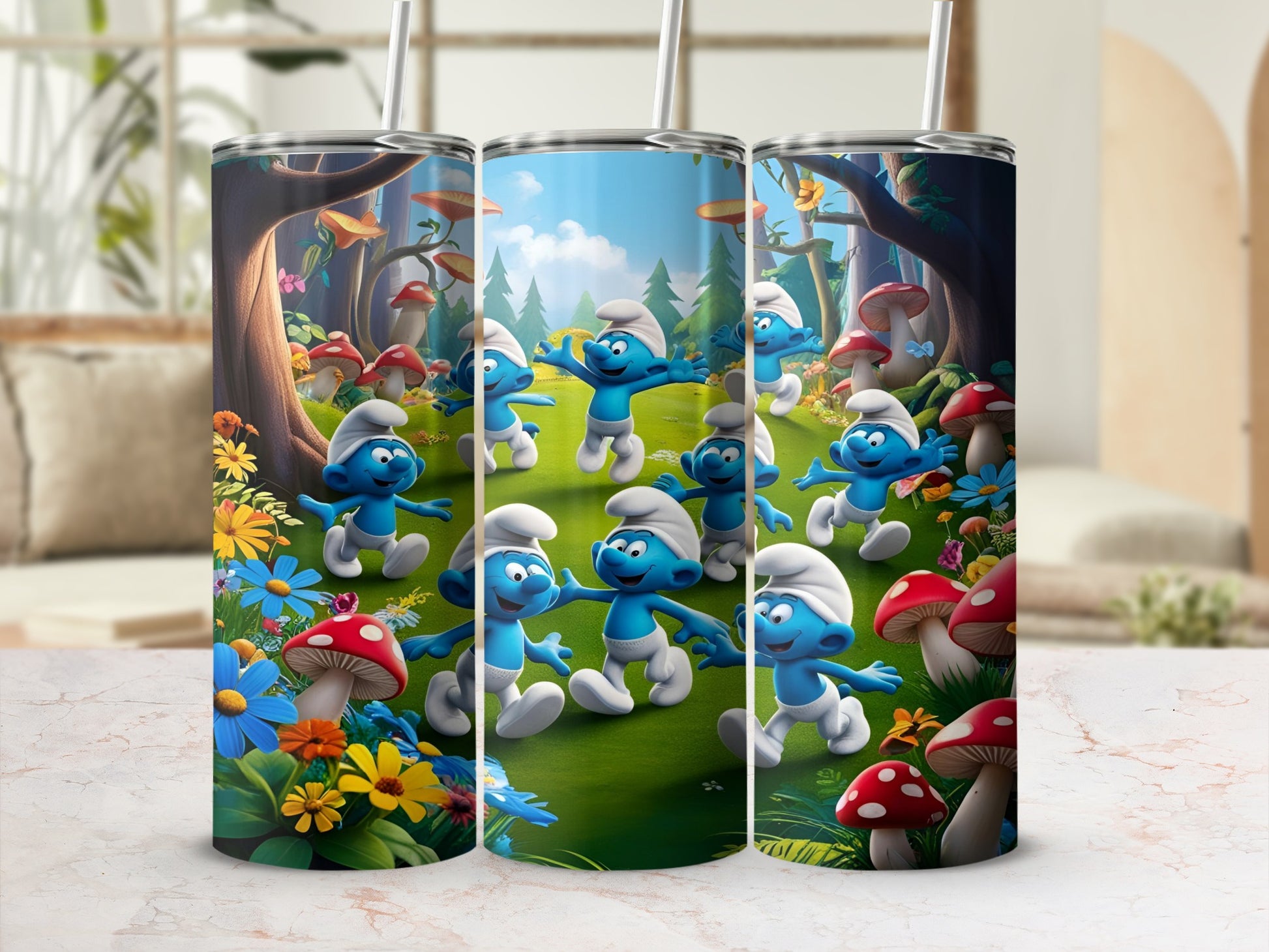 Smurfs dancing in a forest clearing with mushrooms and flowers.