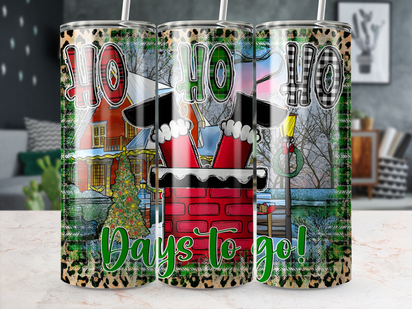 Christmas tumbler with Santa in chimney and "Days to go!" text.