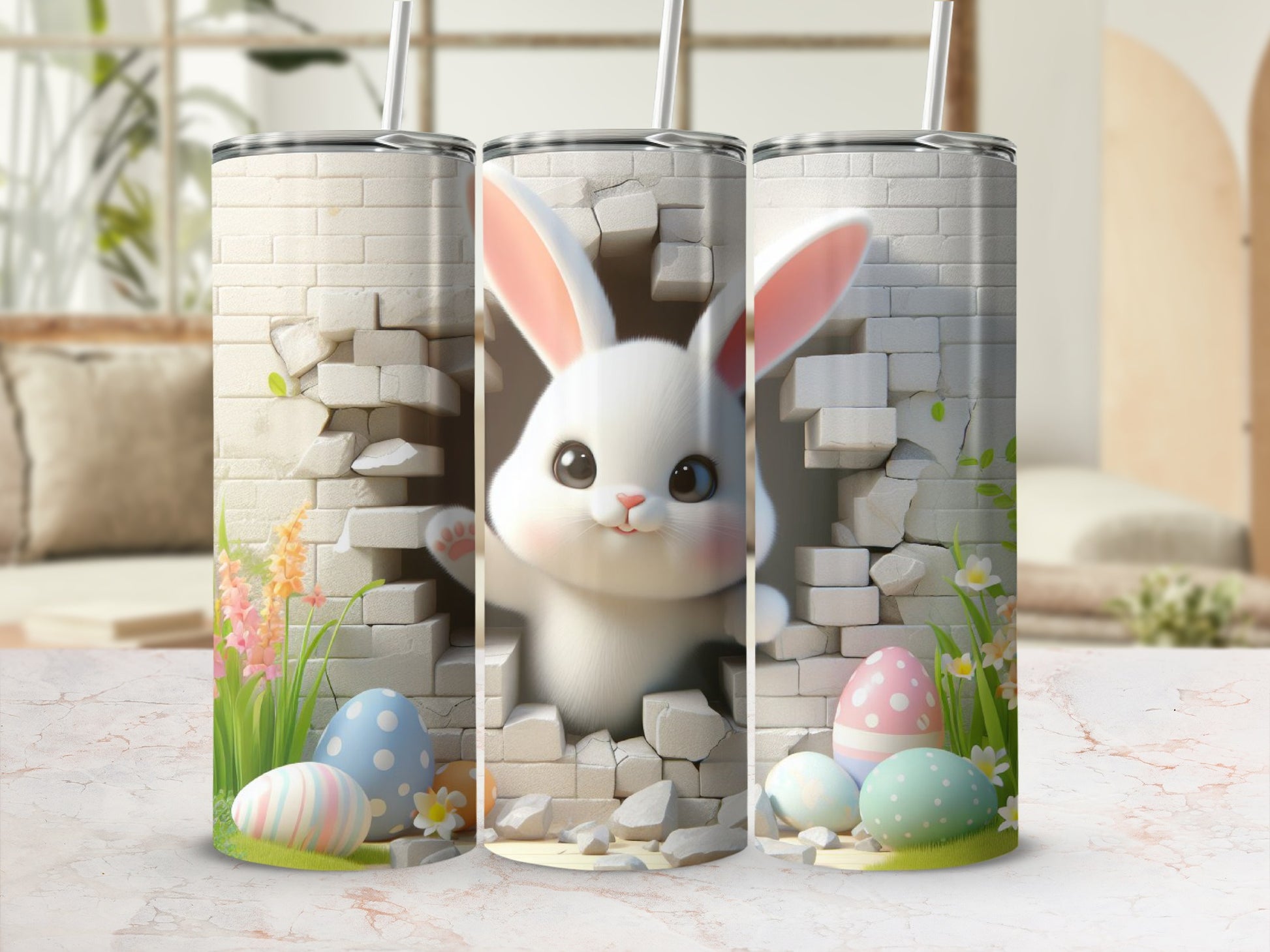 Cute bunny emerges from brick wall on tumbler with Easter eggs.