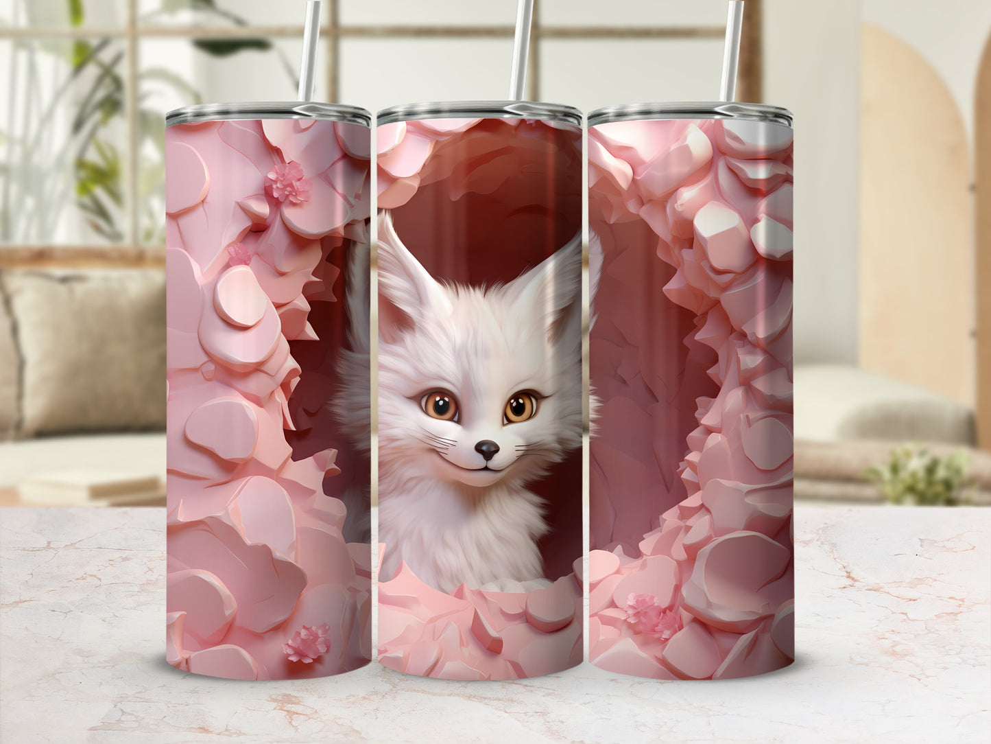 Adorable White Fox in Pink Floral Artwork Tumbler
