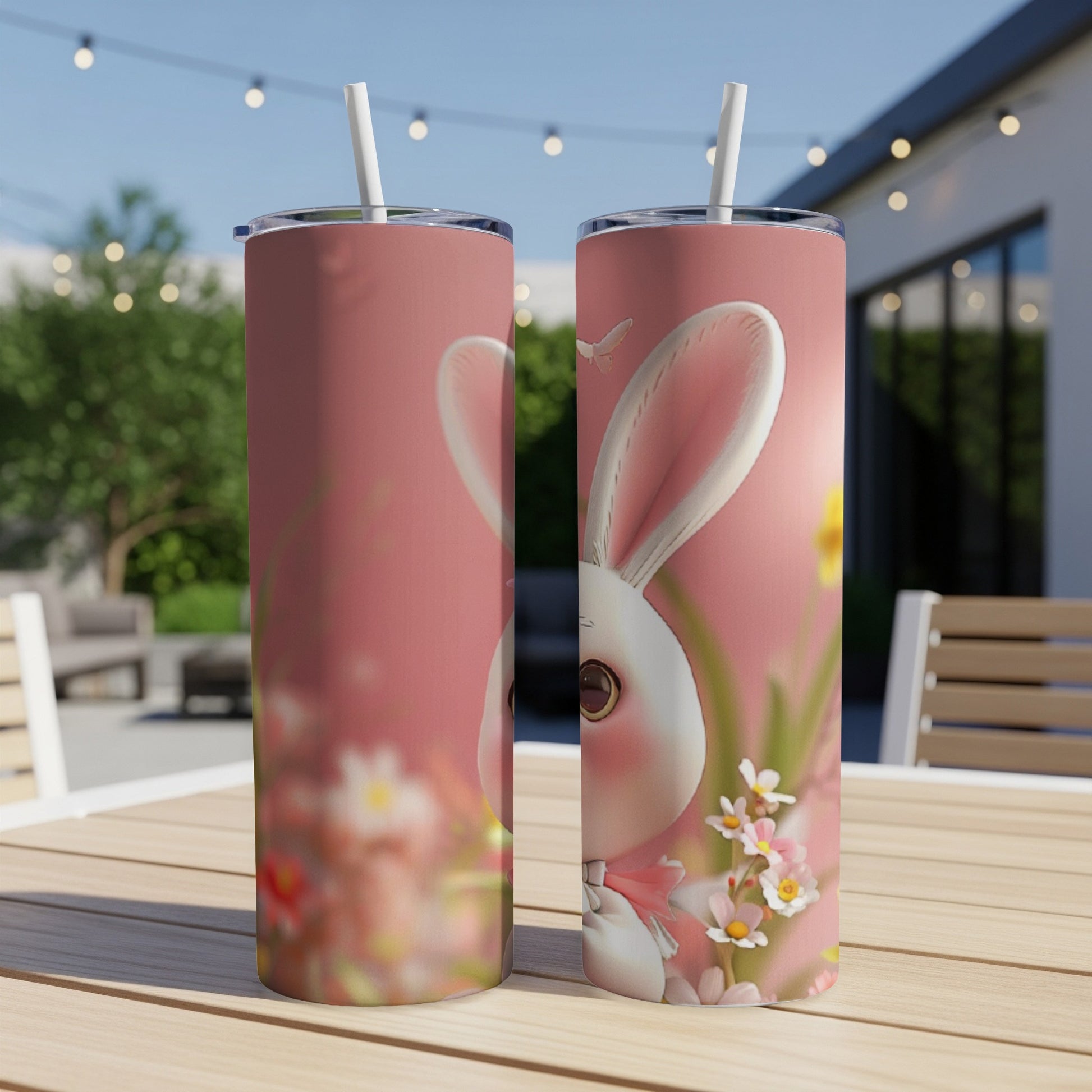 Two pink tumblers with a cartoon bunny and flowers, on a wooden table outdoors.