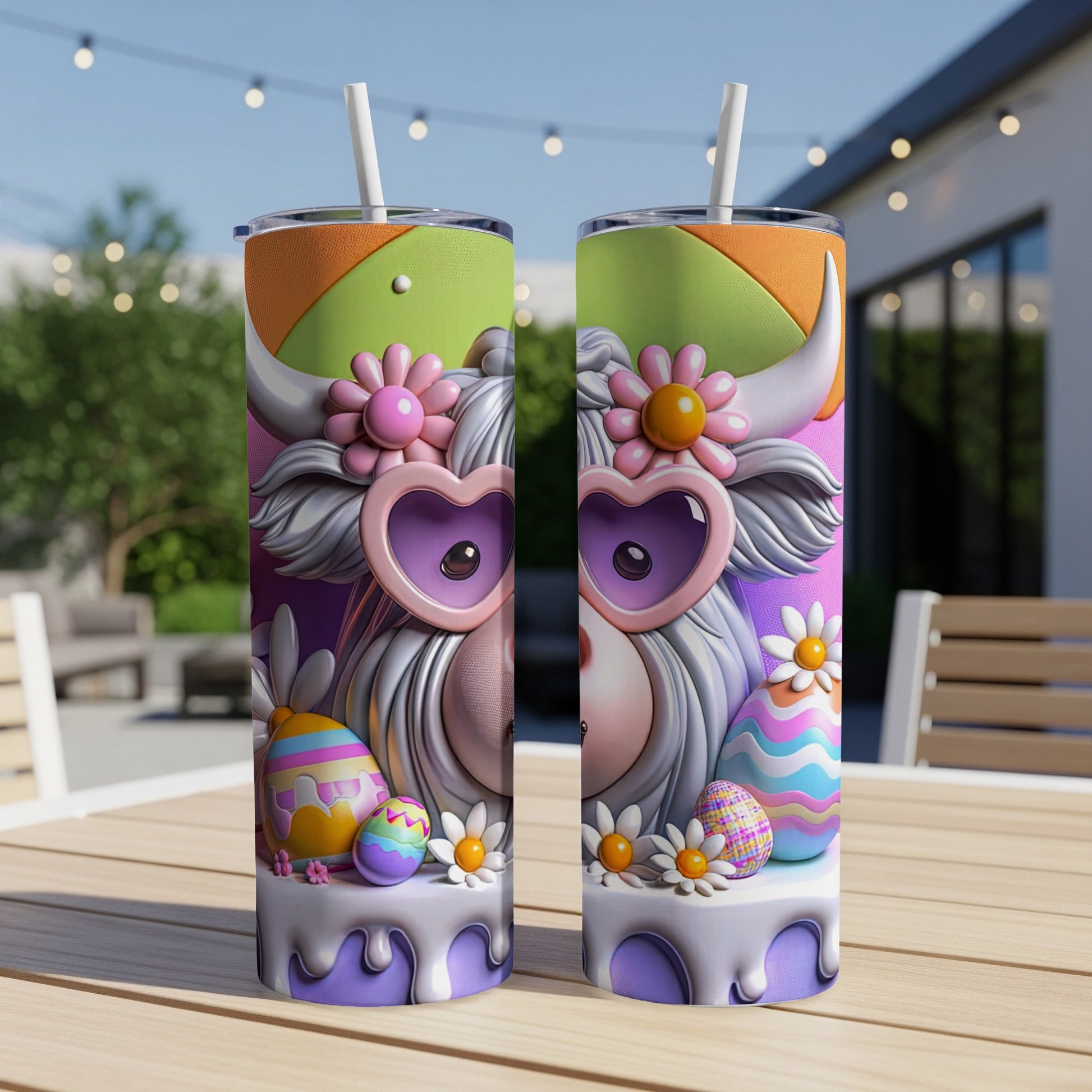 Two tall tumblers with a cute cow wearing heart sunglasses and Easter eggs.