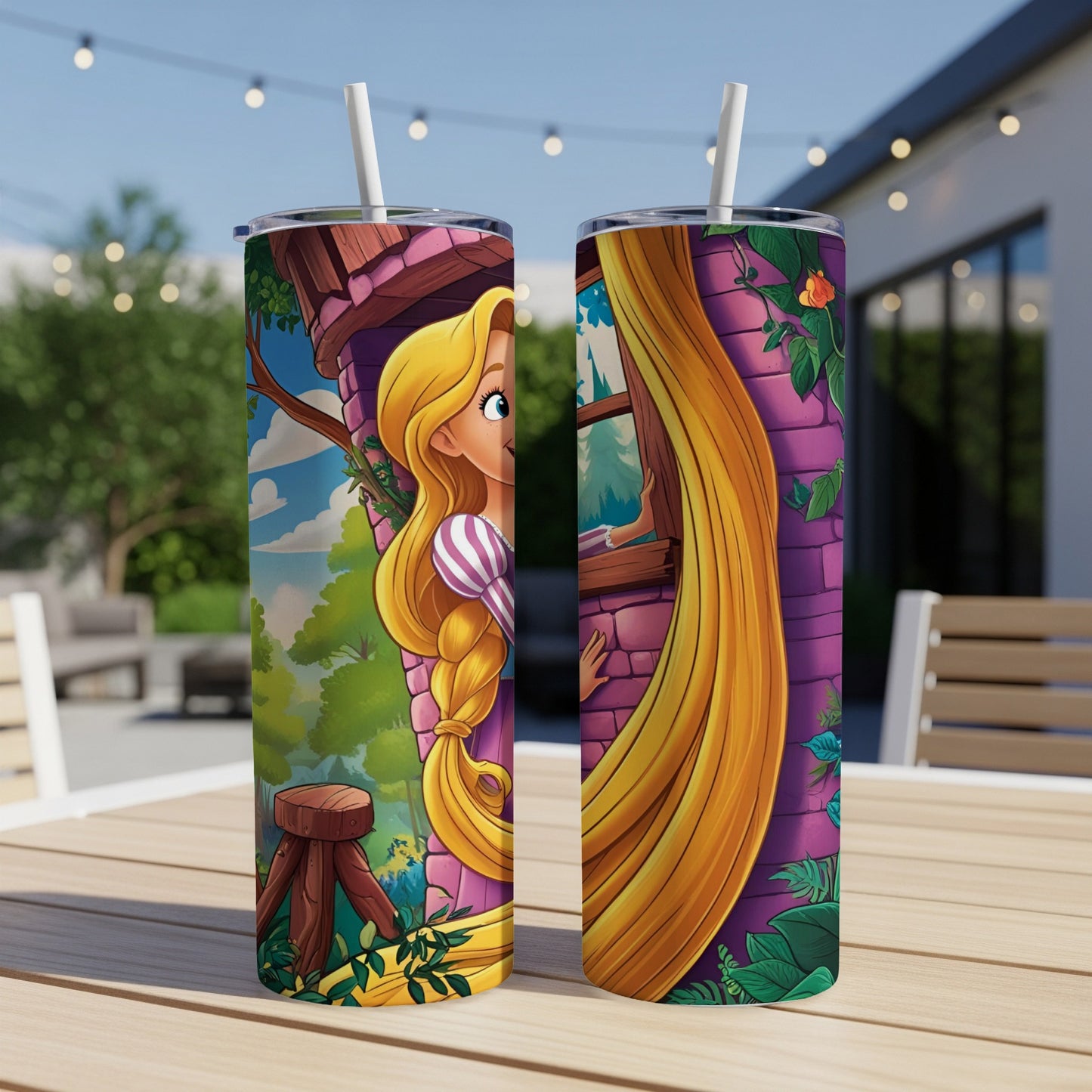 Tangled Rapunzel in tower window with long blonde braid on tumbler.