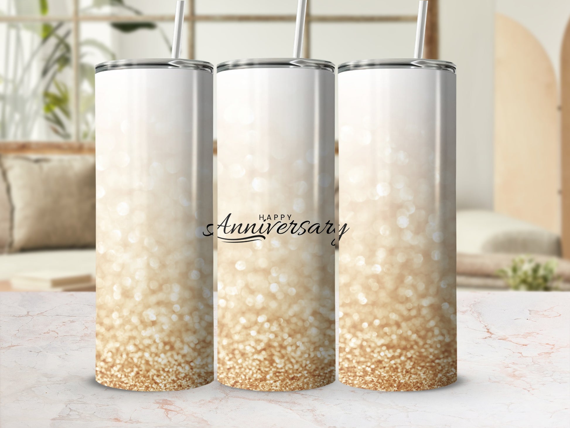 White tumbler with "Happy Anniversary" text and gold glitter background.