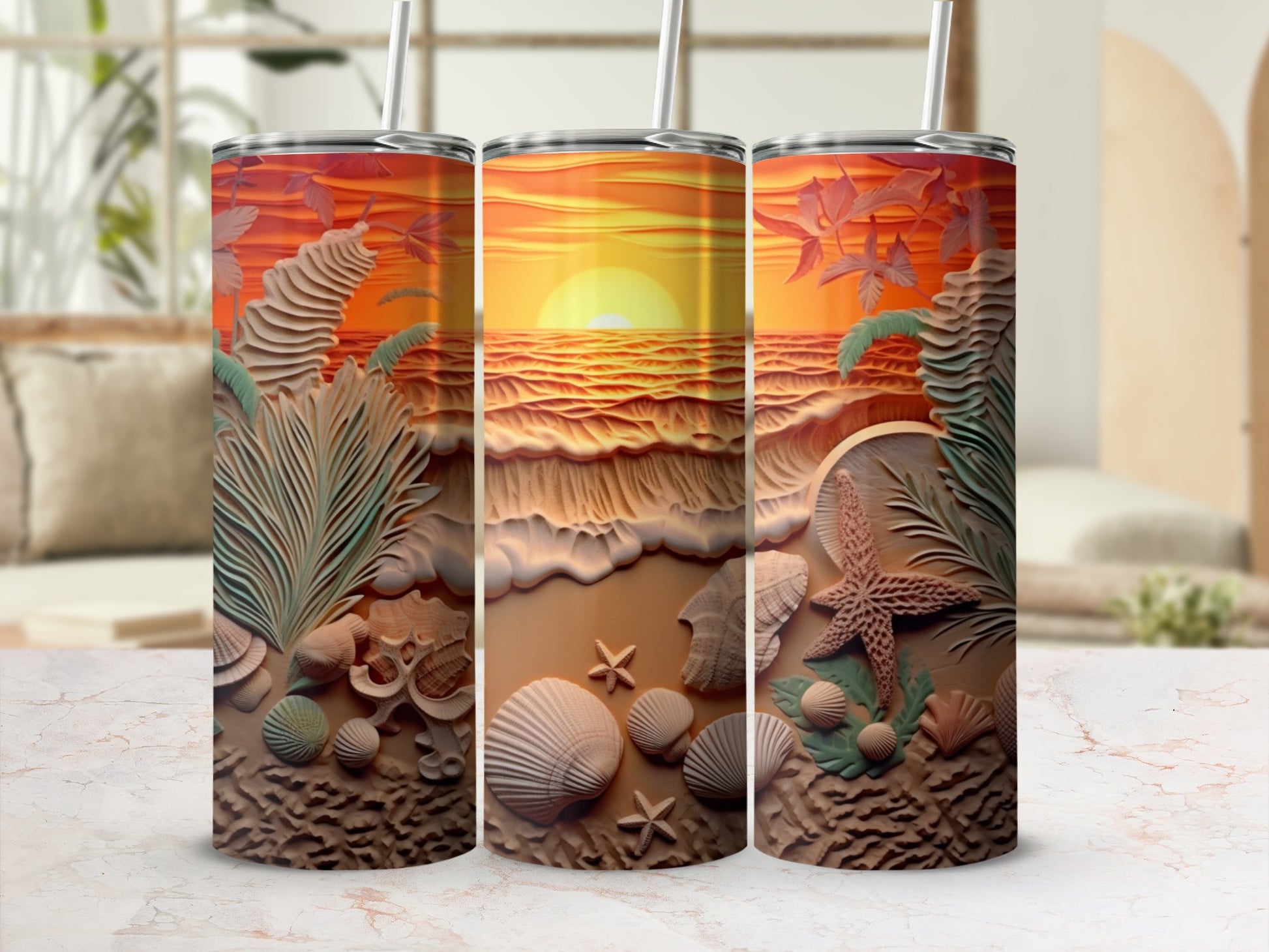 Three tumblers with a sunset beach scene featuring seashells and palm leaves.