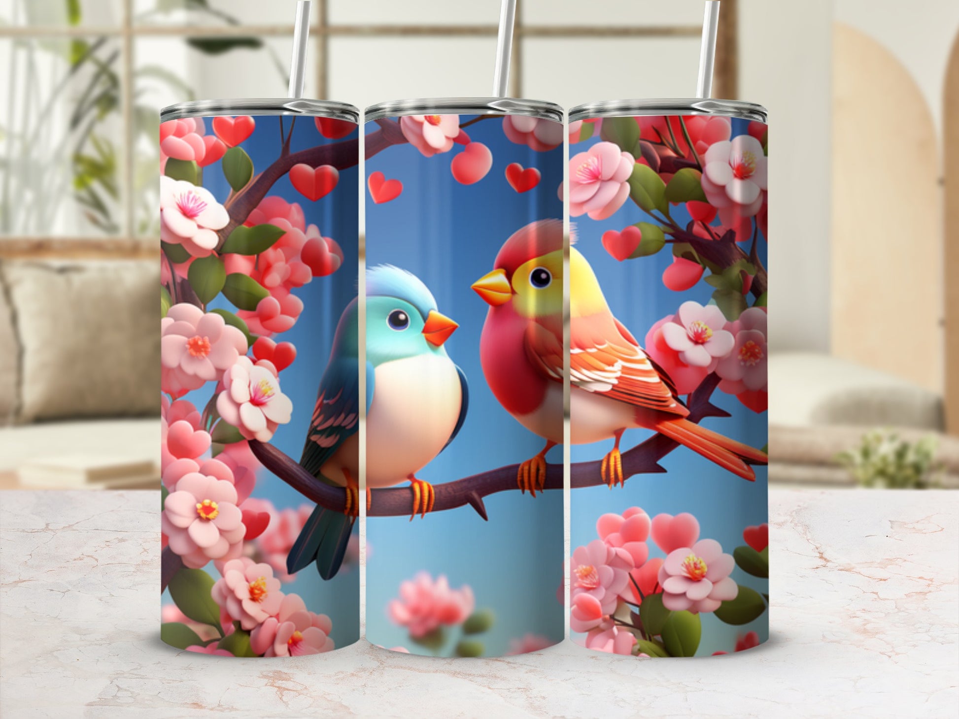 Two lovebirds perched on a branch adorned with pink flowers and hearts.