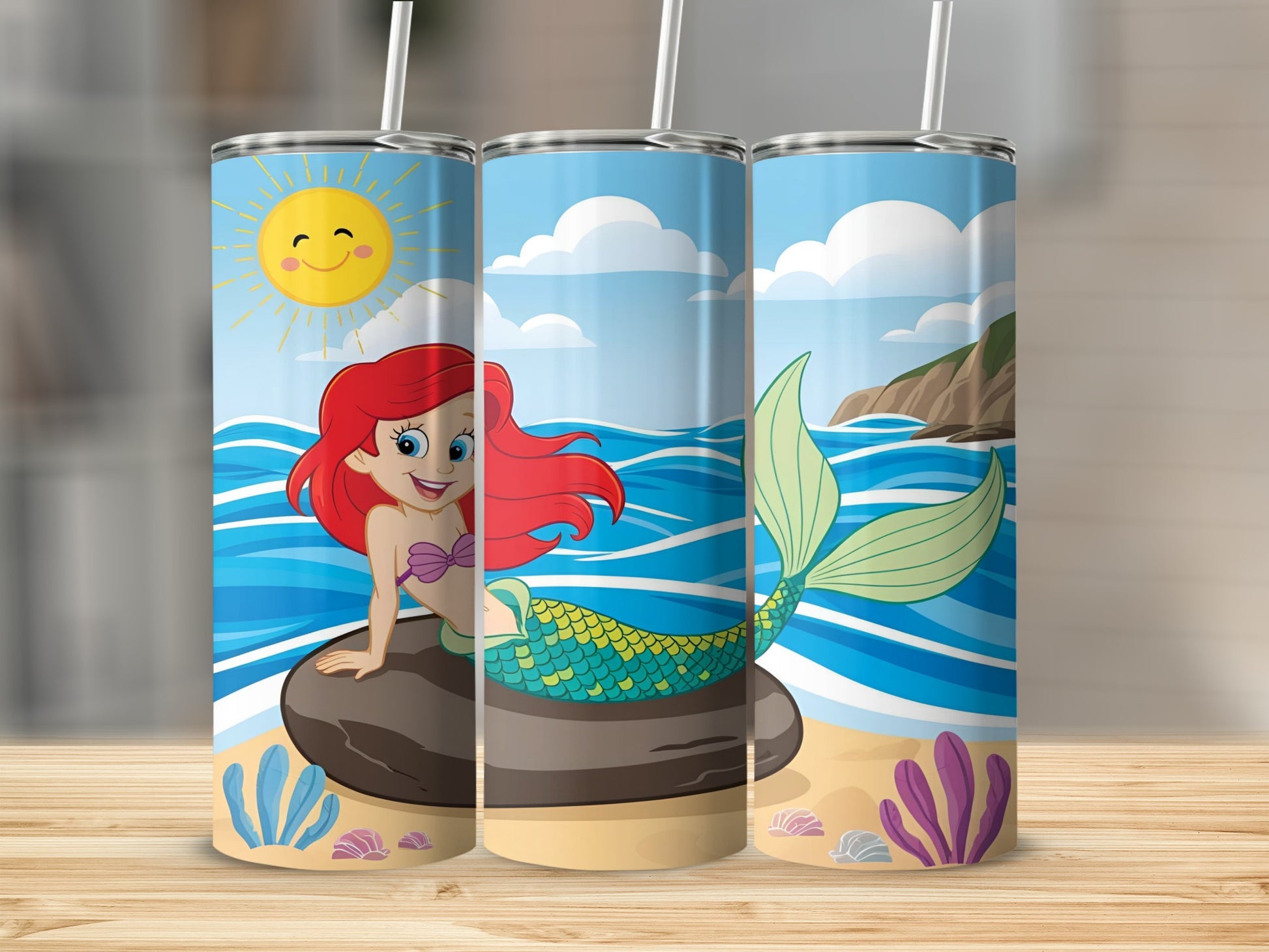Mermaid with red hair on a rock with a sunny beach background.
