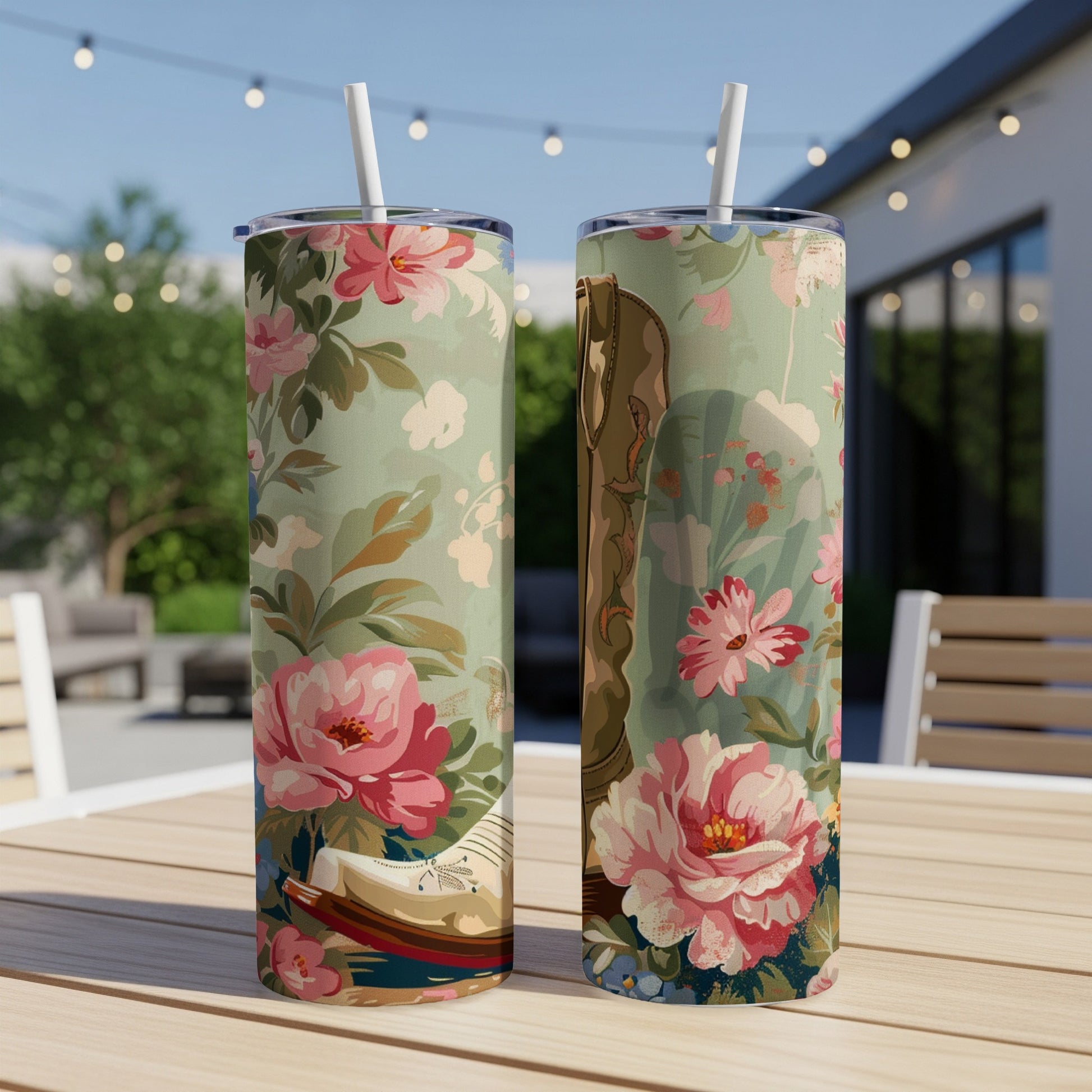 Two tall tumblers with a floral pattern and cowboy boot detail.