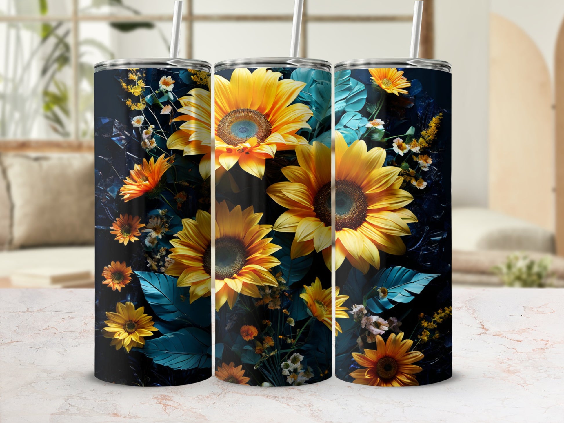 Three tall tumblers with a dark background and vibrant sunflower and floral designs.