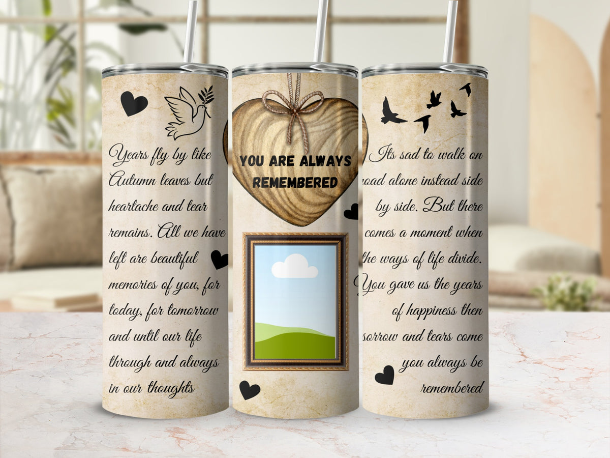 Tumblers with a heart graphic, a dove, and inspirational text.