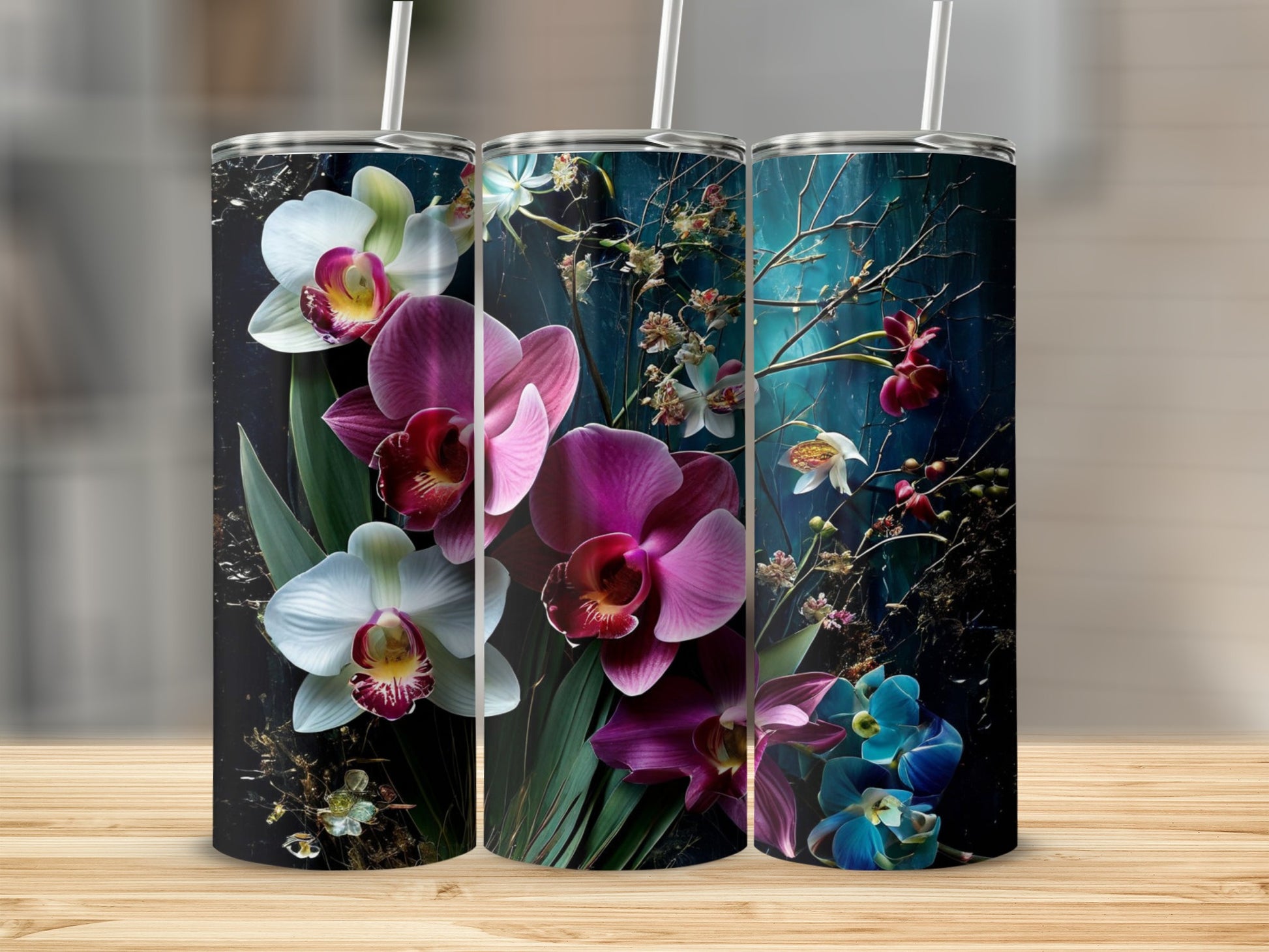 Floral design tumblers with orchids and dark foliage.