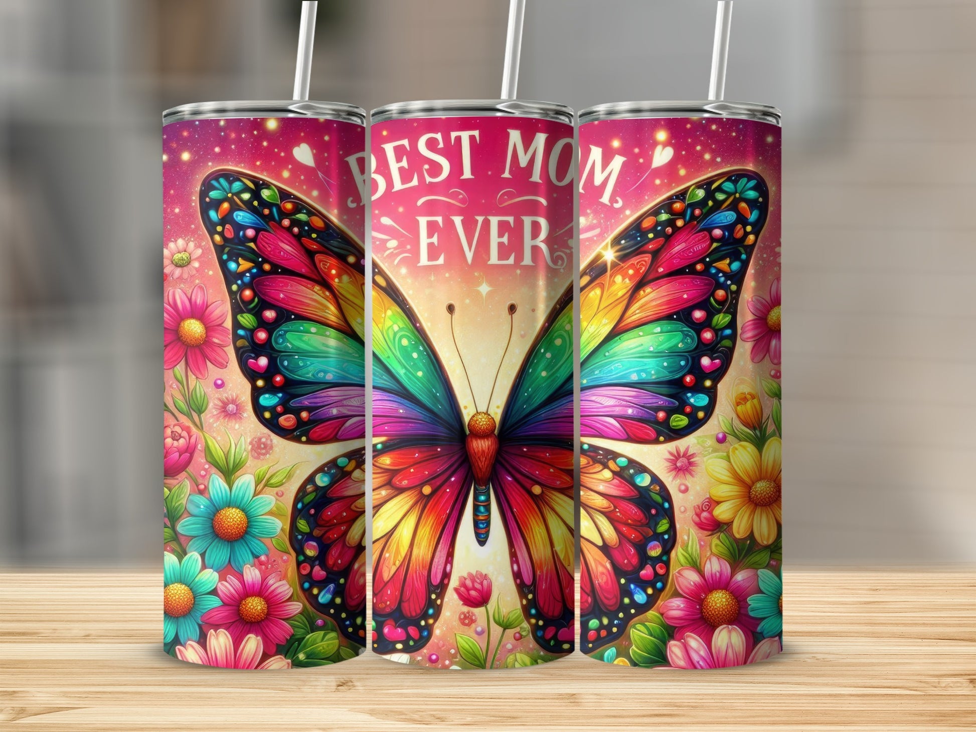 Colorful butterfly and flowers with "BEST MOM EVER" text on a tumbler.