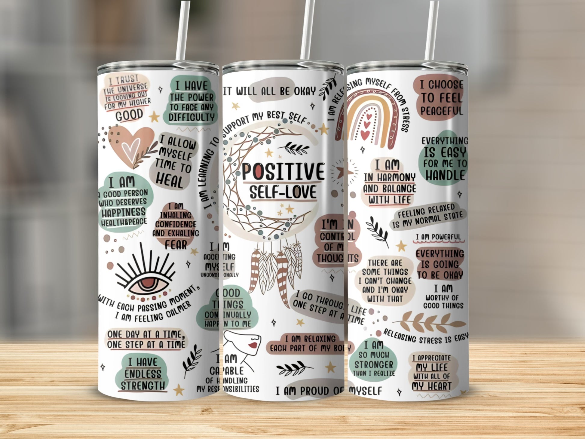 Positive Self-Love mug with affirmations and watercolor designs.