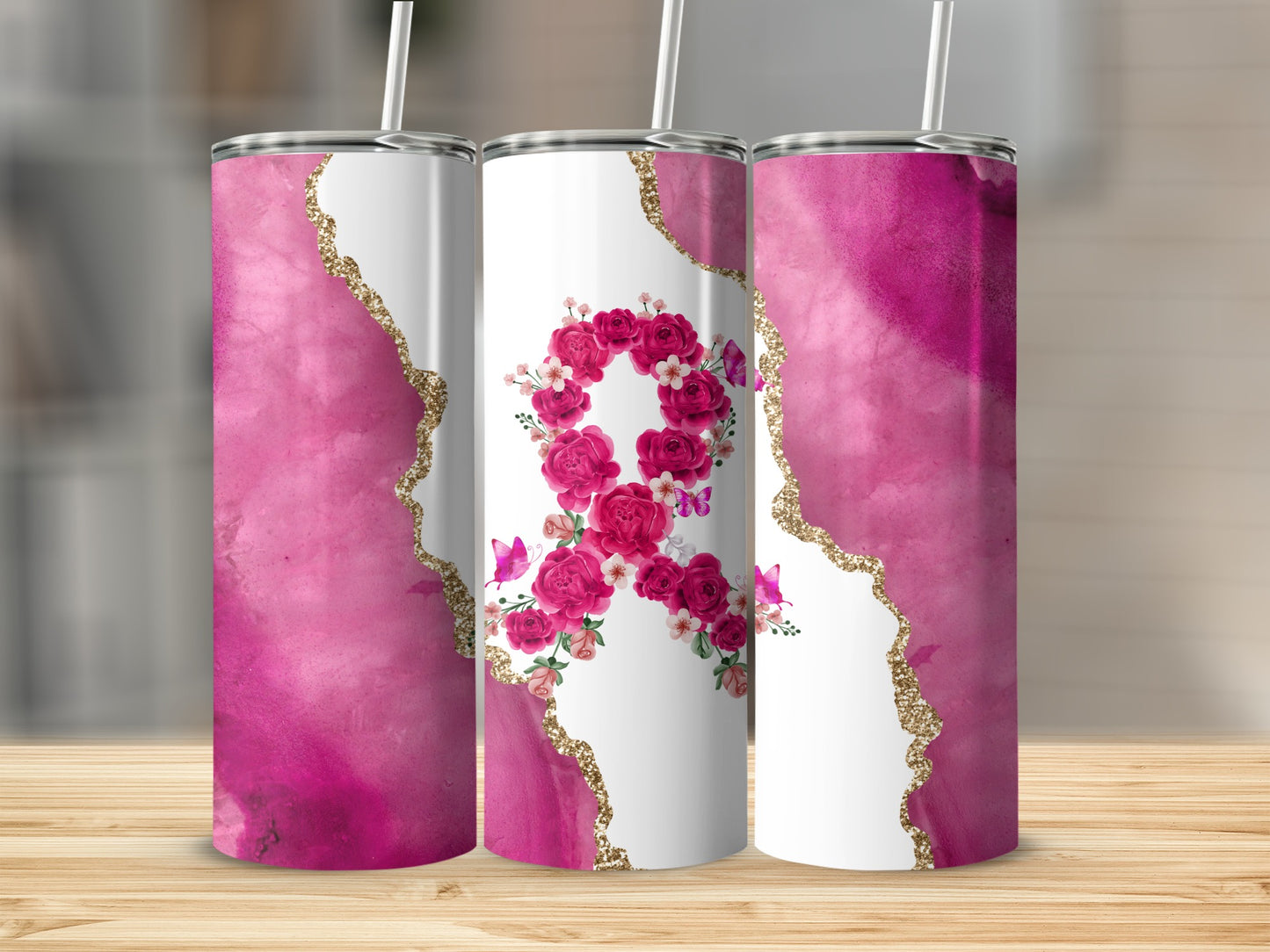 Pink watercolor tumbler with gold trim and floral cancer ribbon design.