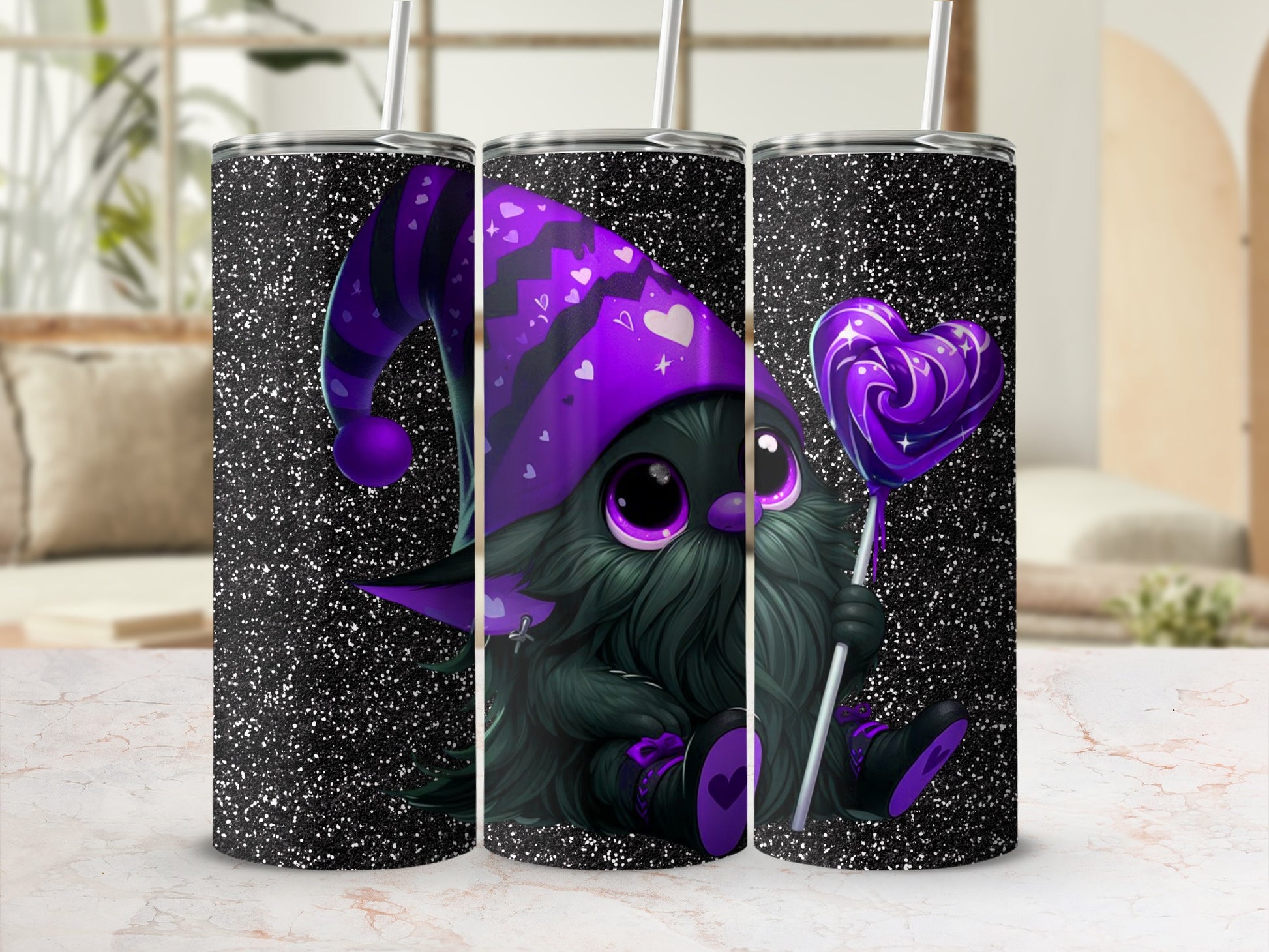 Cute Gnome with Purple Hat Holding Heart Tumbler Cup