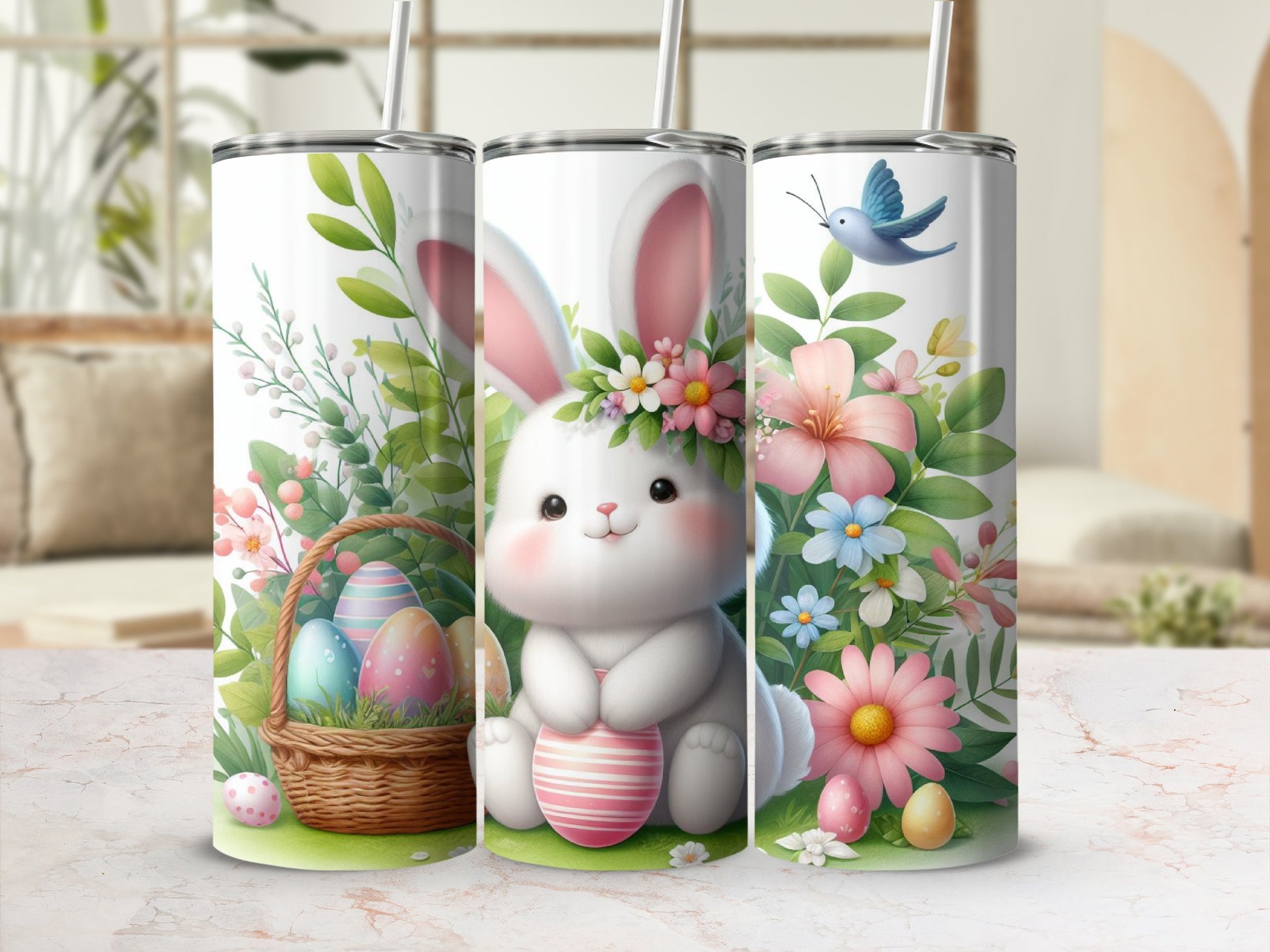 Easter bunny with basket of eggs, flowers, and a bird.
