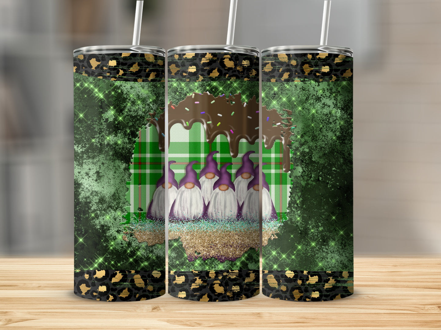 Gnomes in front of a plaid background with chocolate drip and leopard print accents.