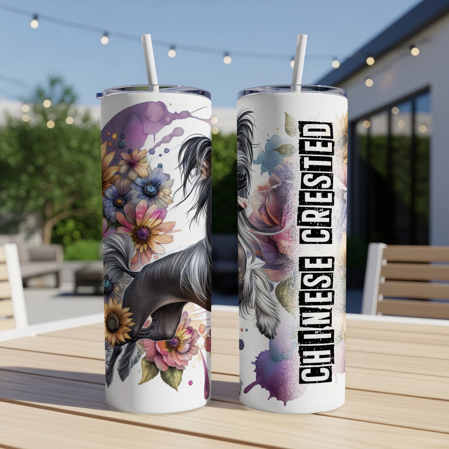 Chinese Crested dog with floral accents on two white tumblers.