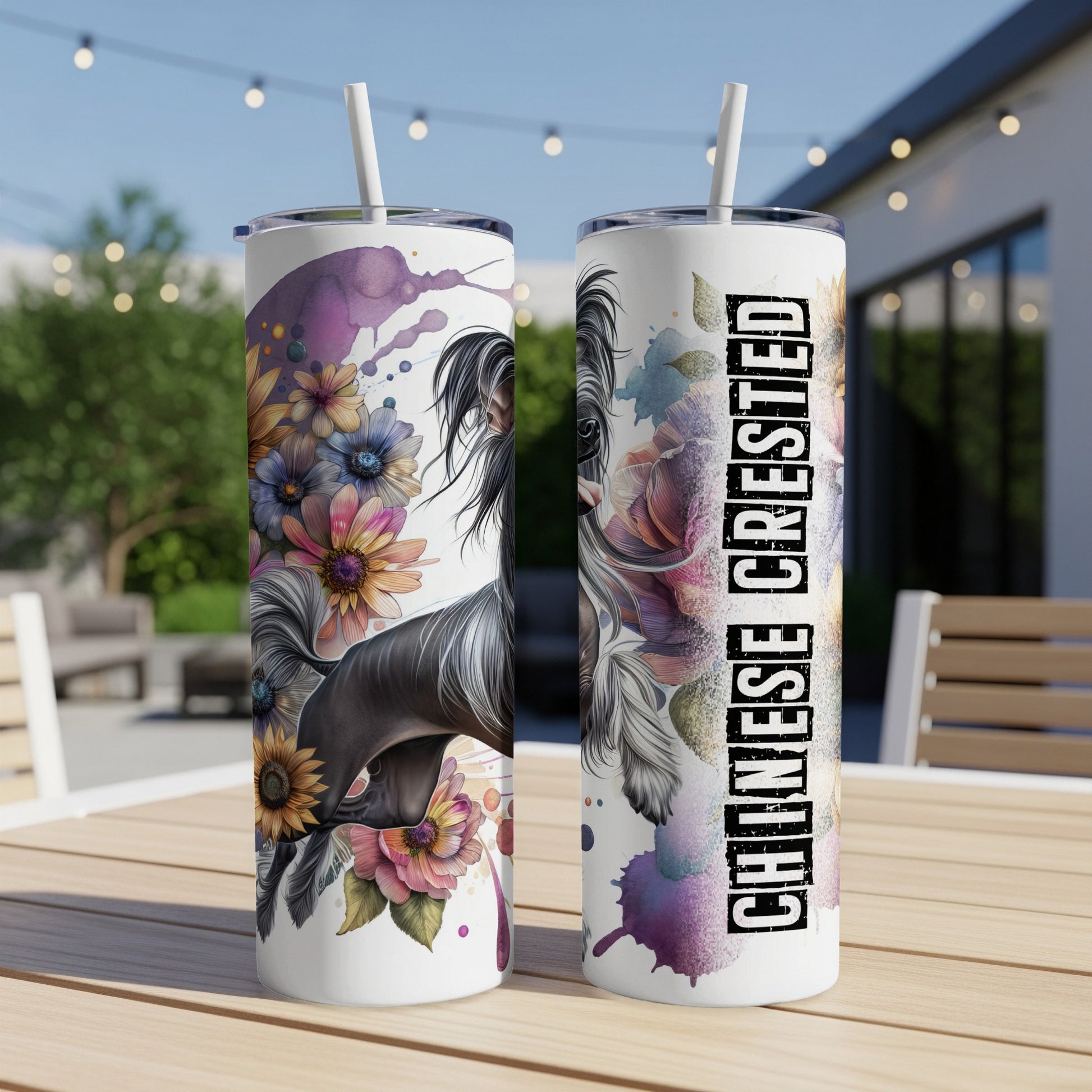 Chinese Crested dog with floral accents on two white tumblers.