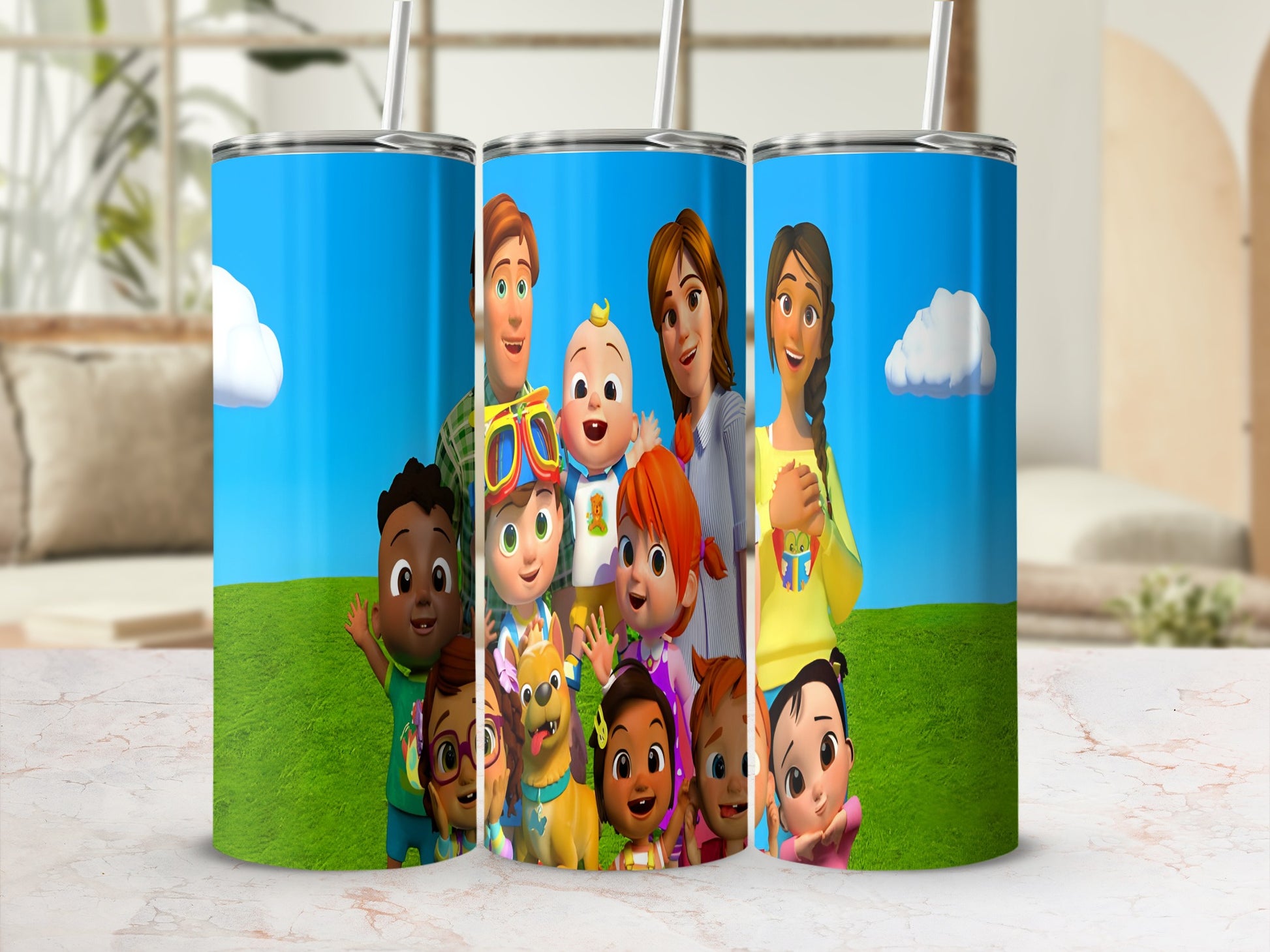 Cocomelon characters JJ, Cody, and Nina with their families and pets on tumblers.