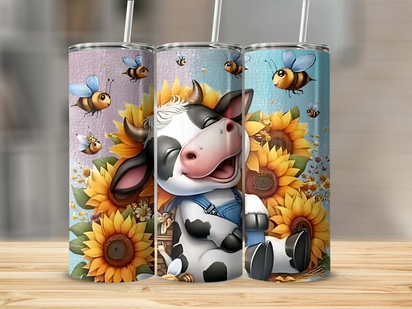 Cute Cow with Bees and Sunflowers Tumbler Cup Design