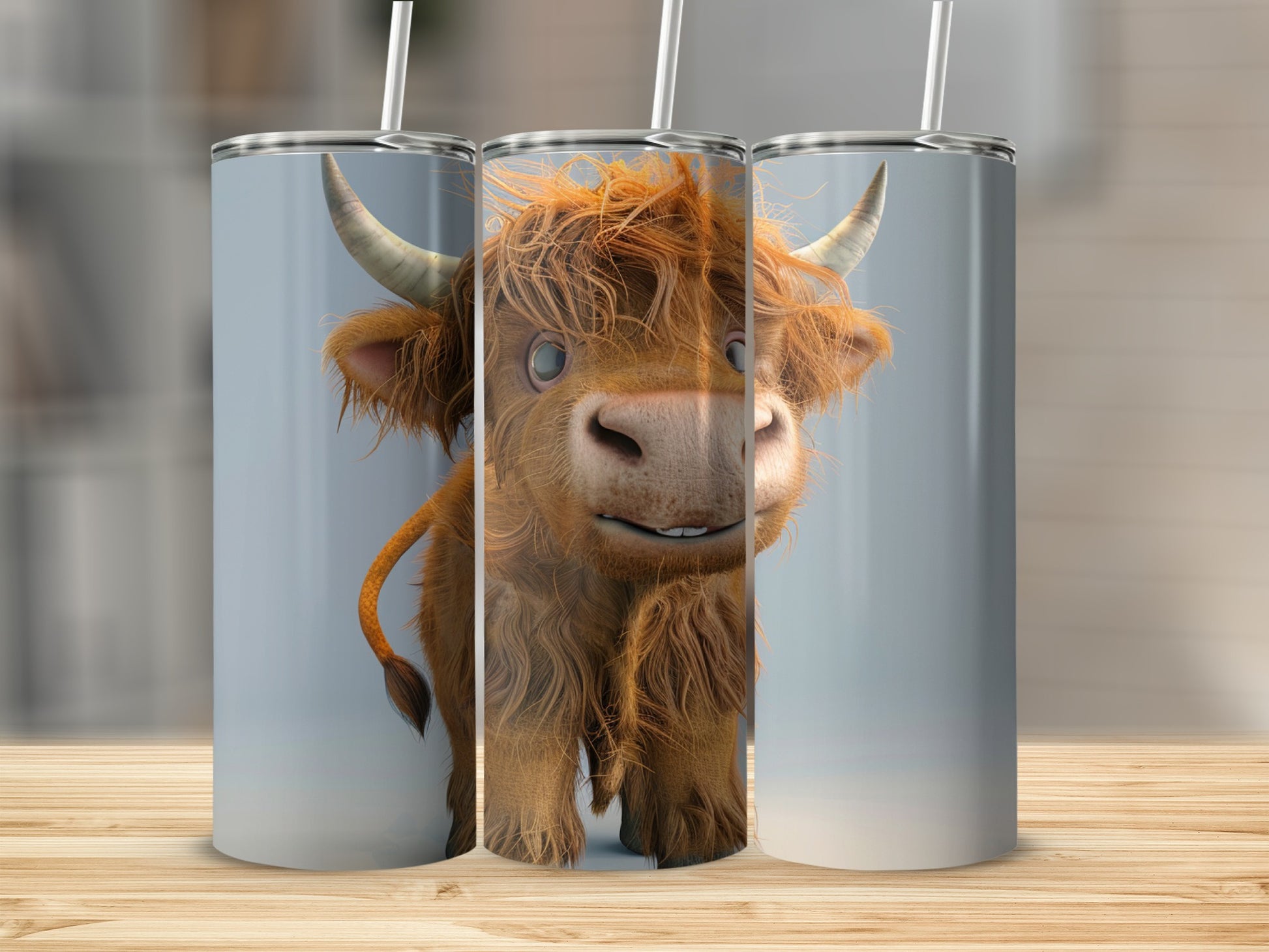 Cartoon Highland cow with shaggy brown fur and long horns on a tumbler.