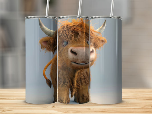Cartoon Highland cow with shaggy brown fur and long horns on a tumbler.