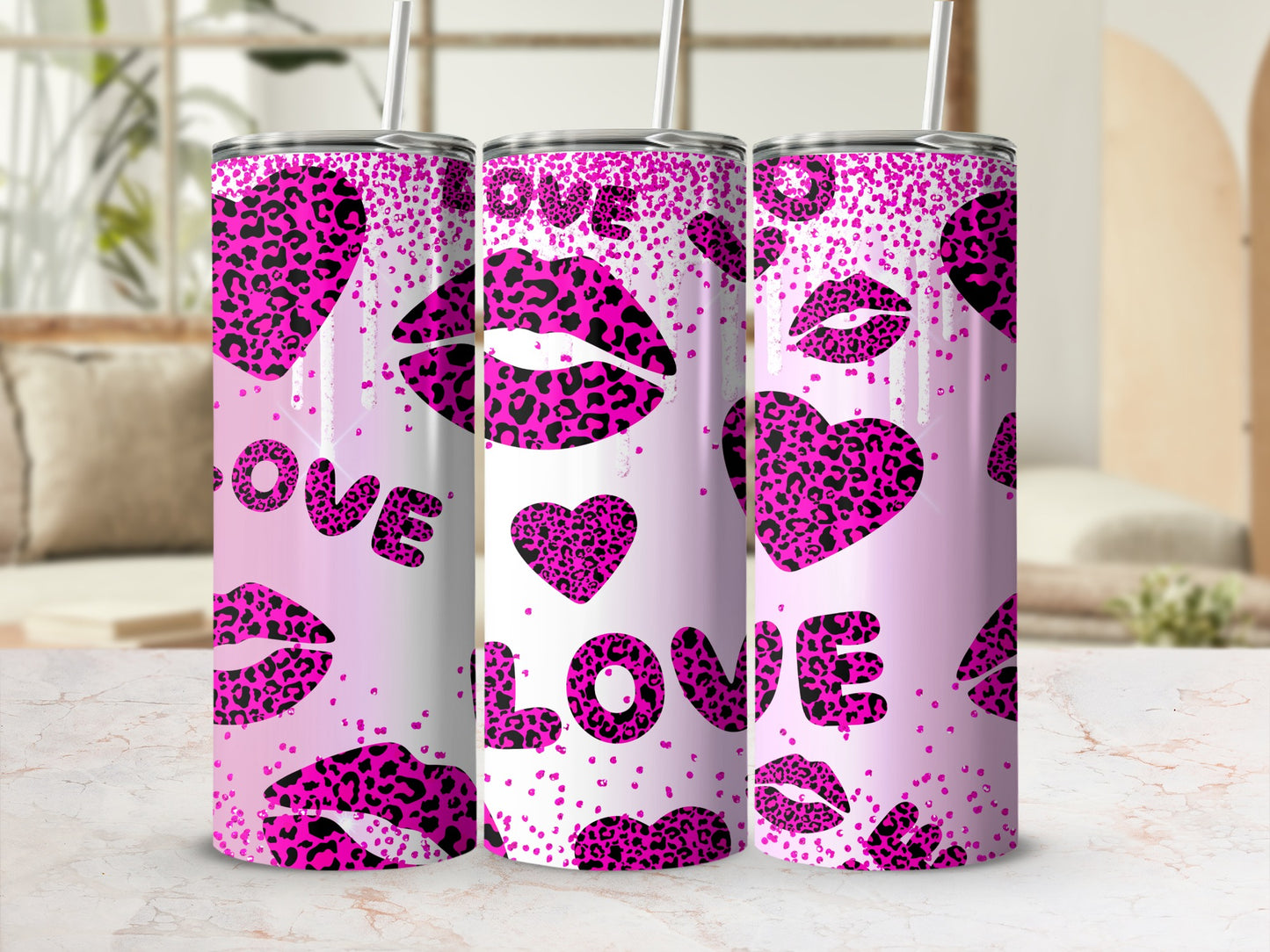 Pink Leopard Print Love Design Tumbler Bottle