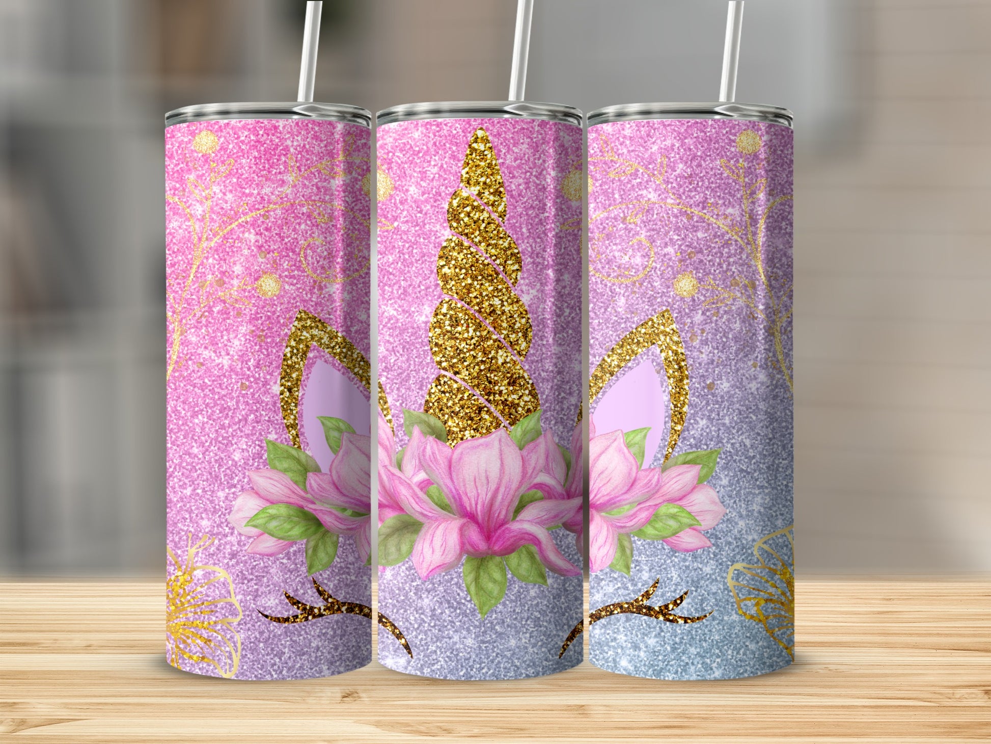 Sparkly Unicorn Horn and Floral Design Tumbler