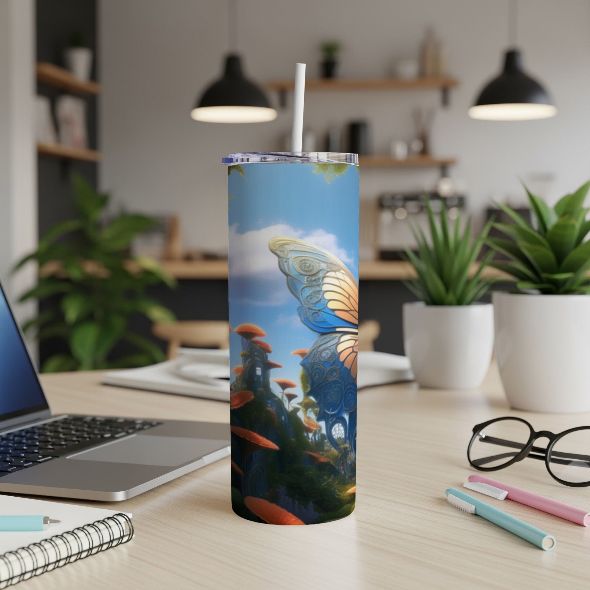 Butterfly and fantasy landscape on a tumbler.