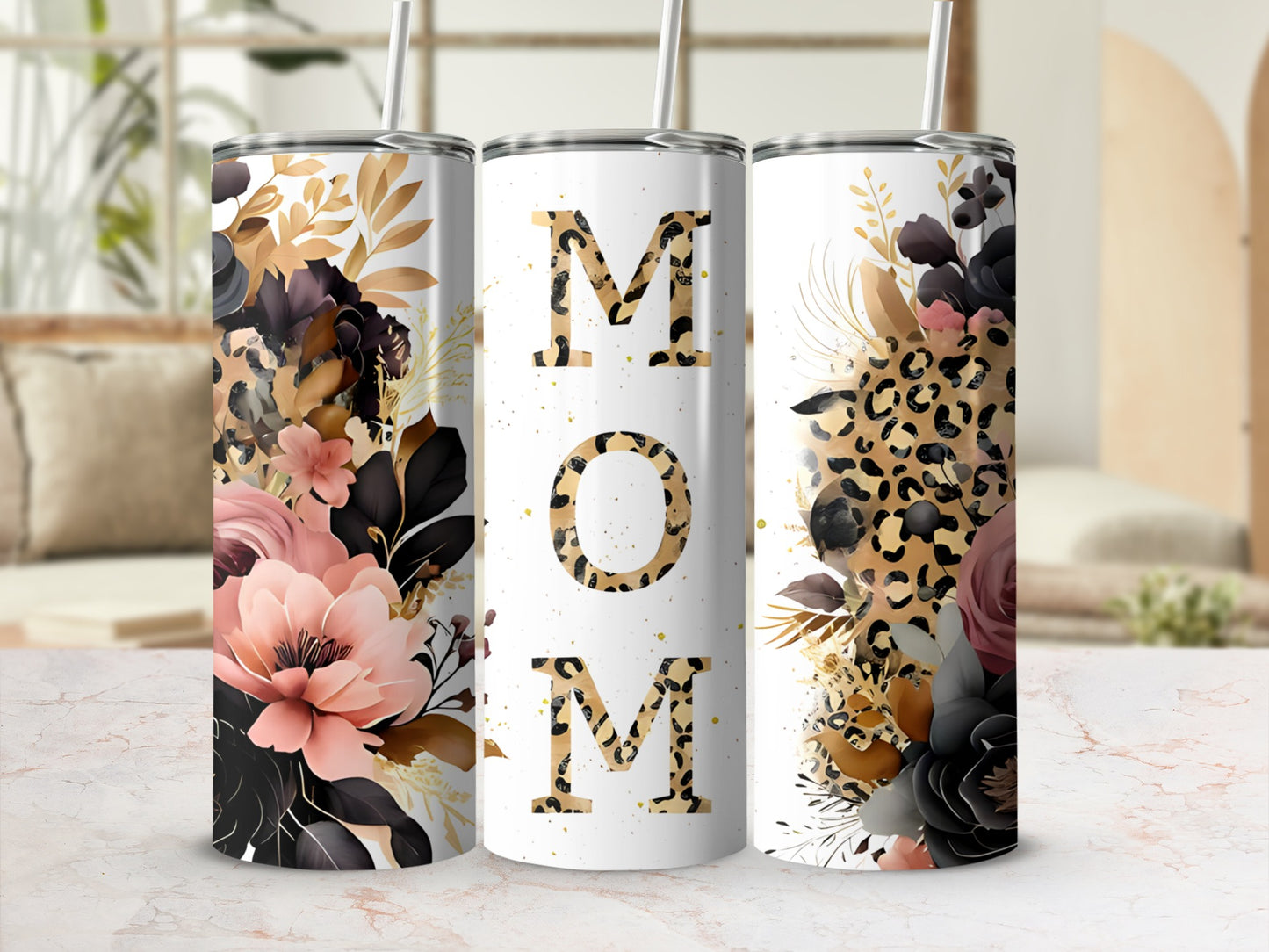 "Mom" text on a tumbler with floral and leopard print.