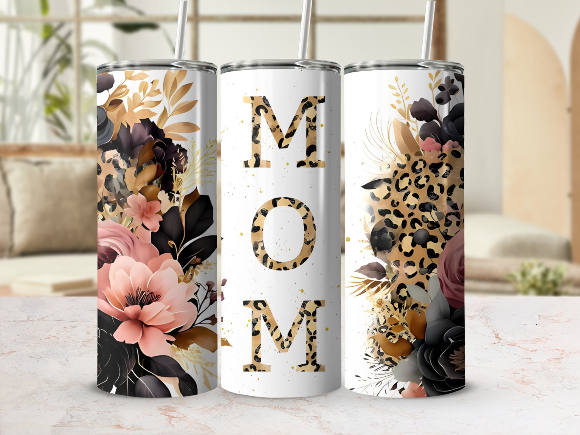 "Mom" text on a tumbler with floral and leopard print.