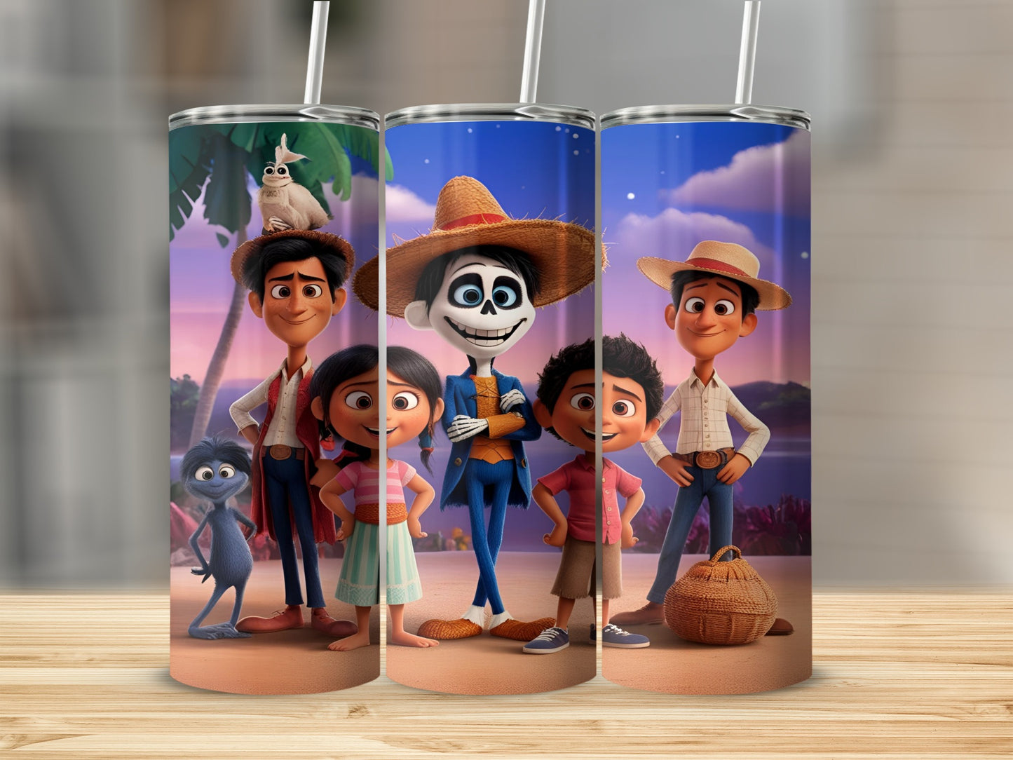 Characters from the movie Coco stand on a beach with a palm tree.