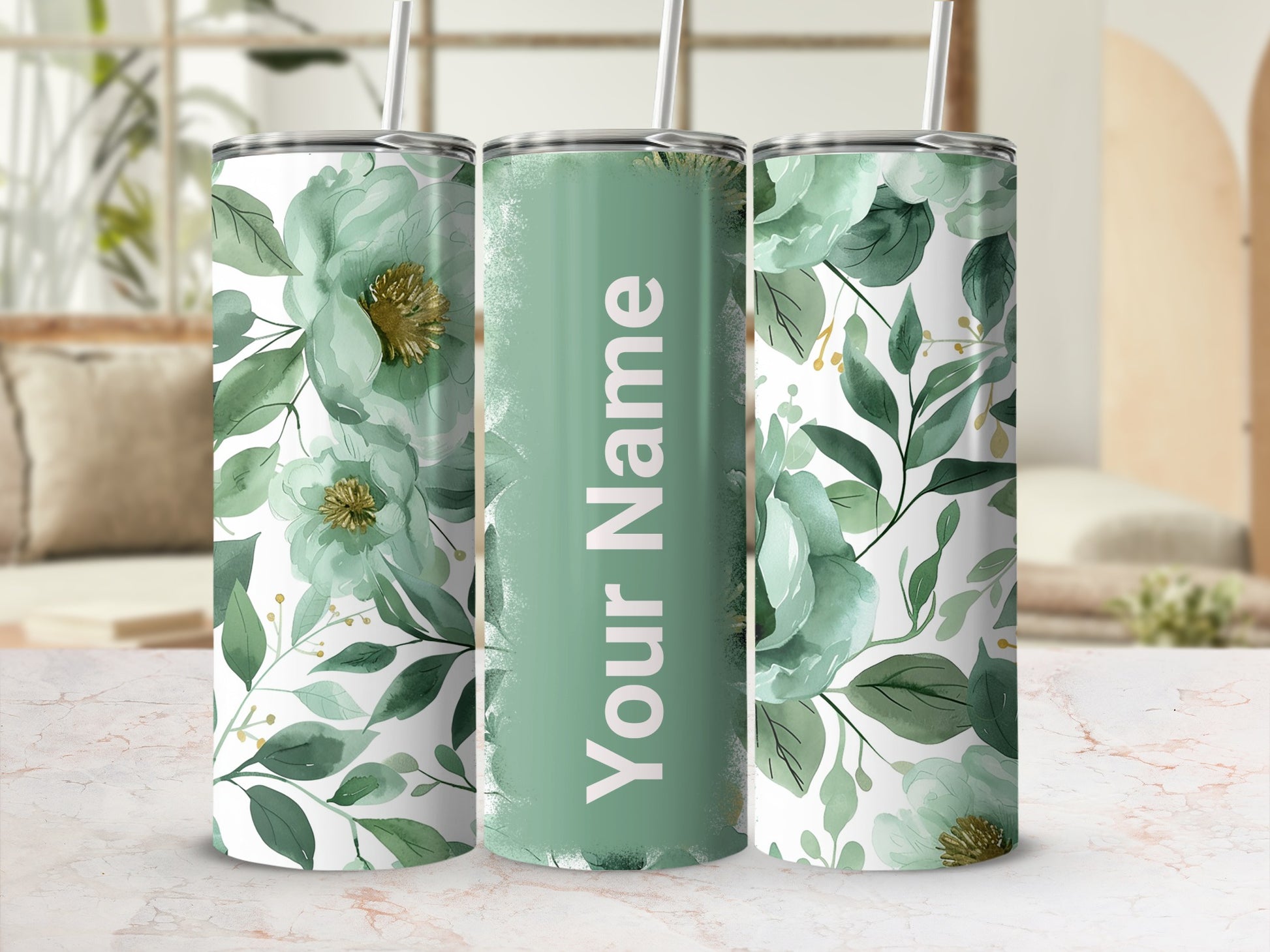 Green Floral Personalized Tumbler with Straw Cup