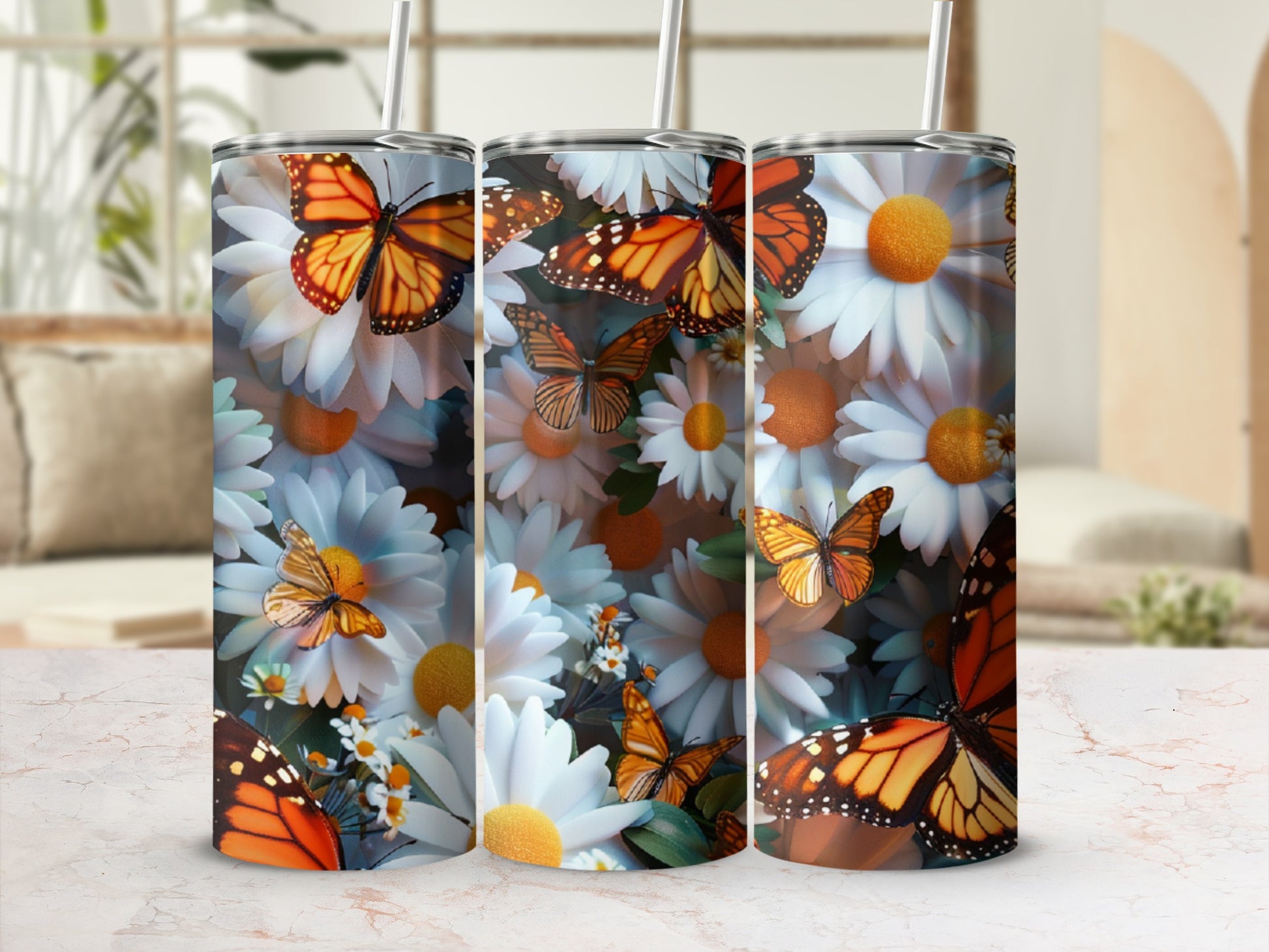 Floral tumbler with butterflies and daisies on a white background.