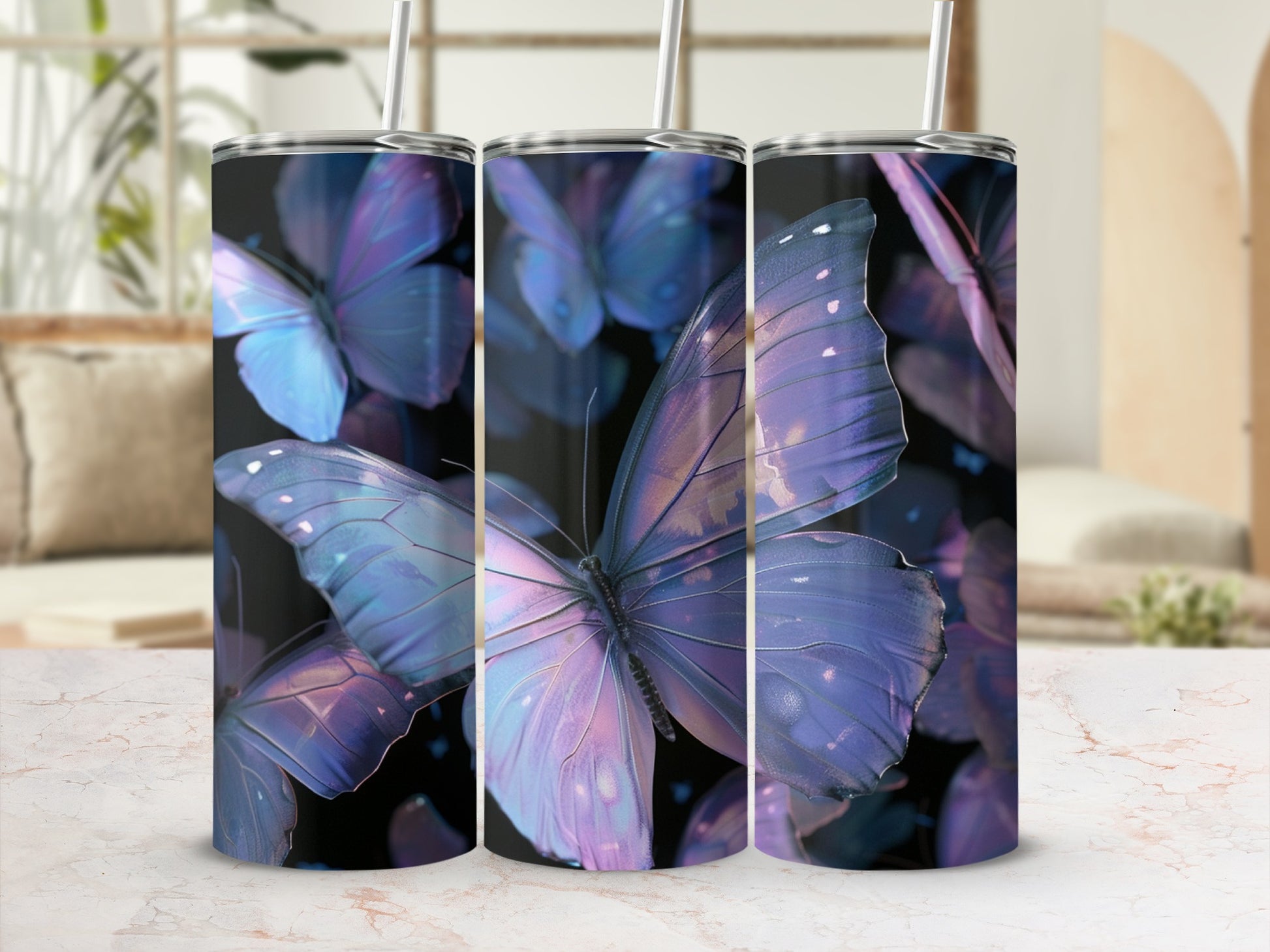 Tumbler with iridescent purple butterflies on a dark background.
