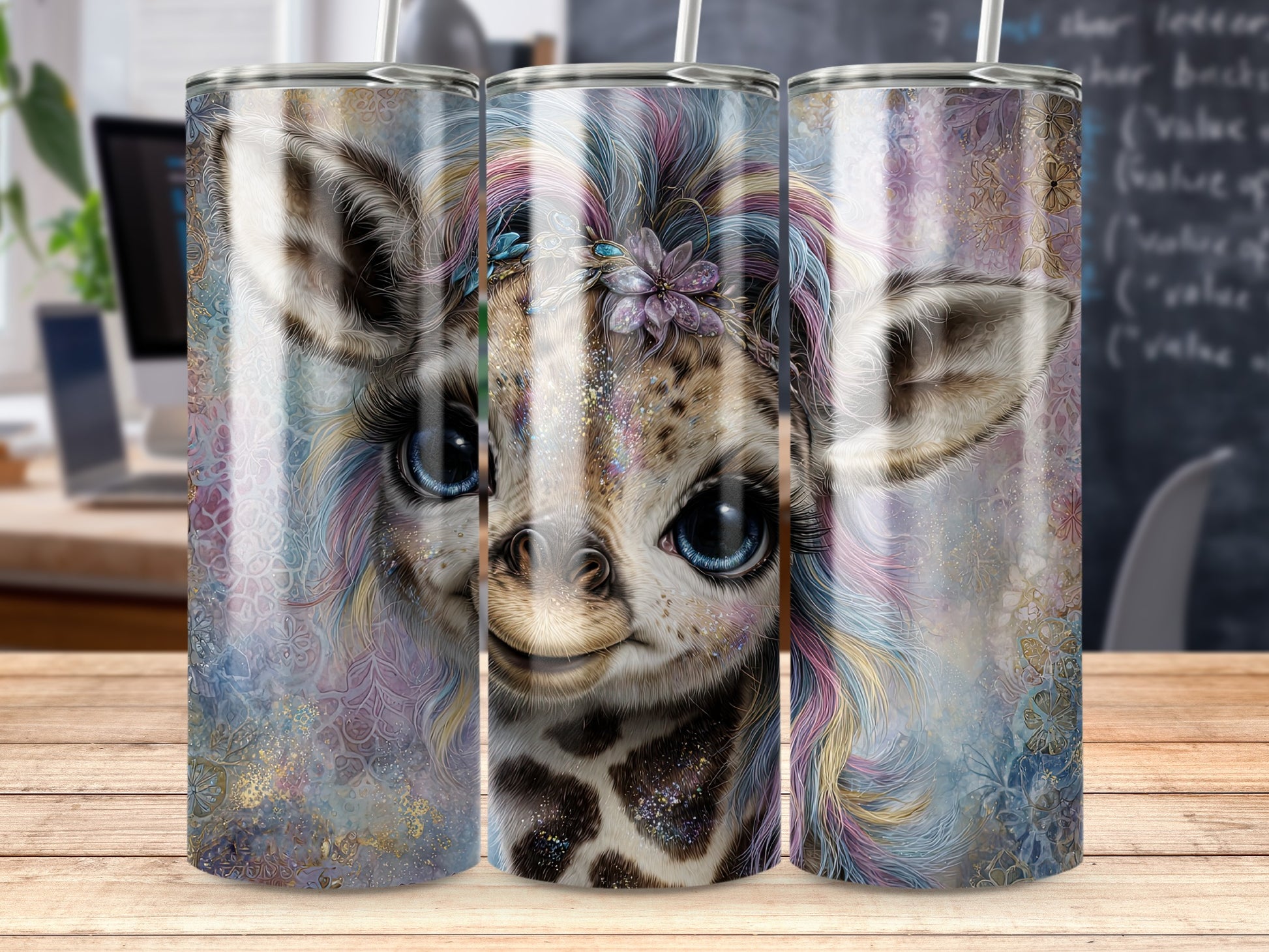 Cute Colorful Baby Giraffe Tumbler with Floral Headwrap