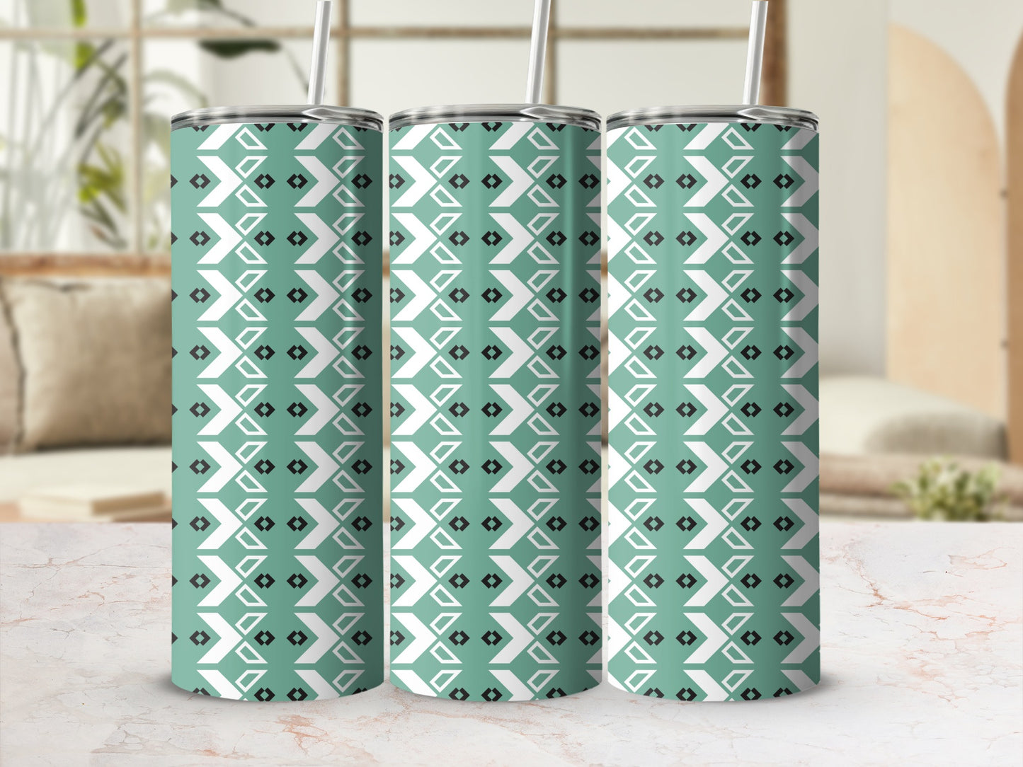 Tribal Print Tumbler with Straw Geometric Pattern Tumbler