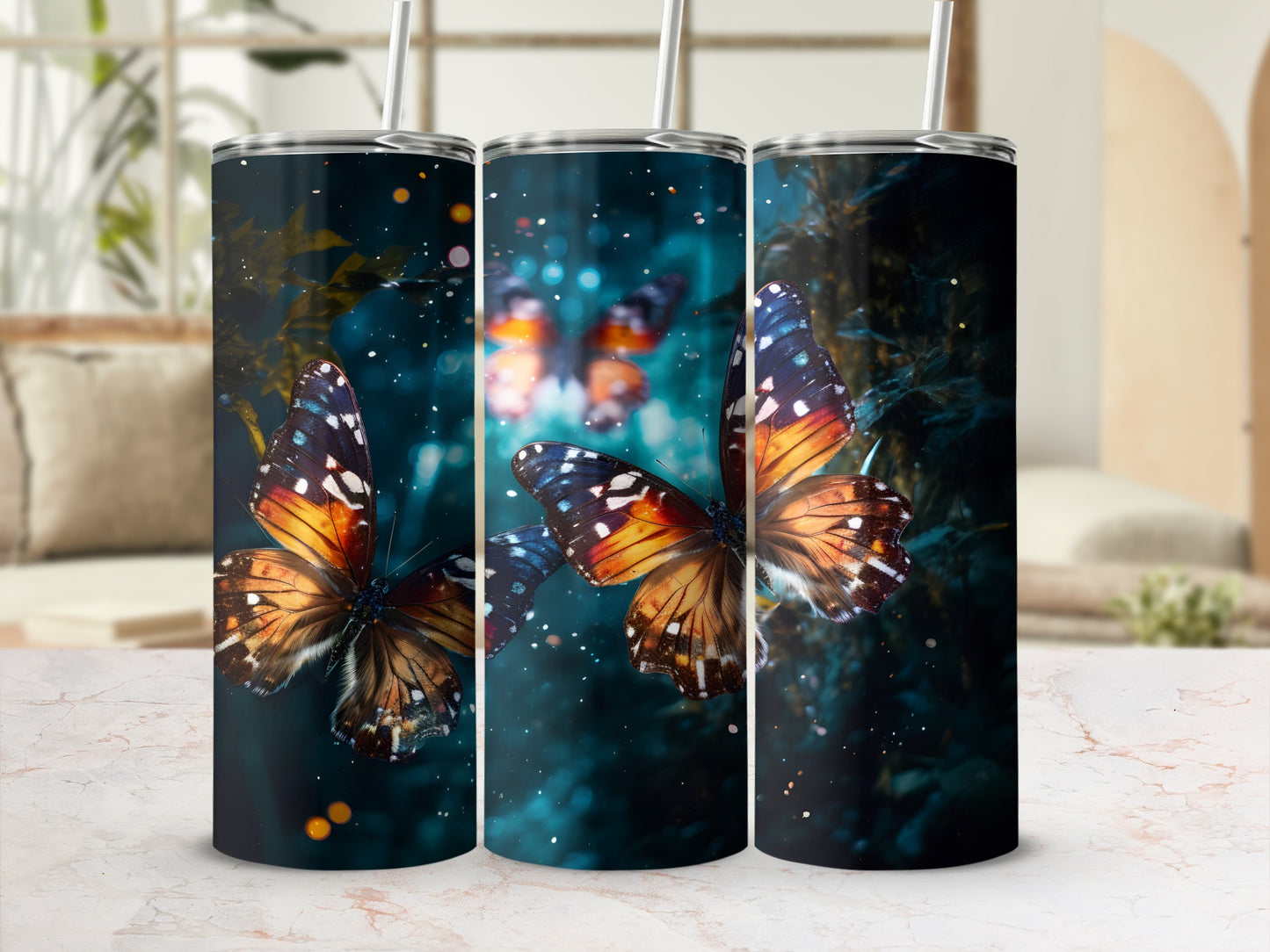 Three tumblers featuring a close-up of a monarch butterfly in flight against a dark, bokeh background.