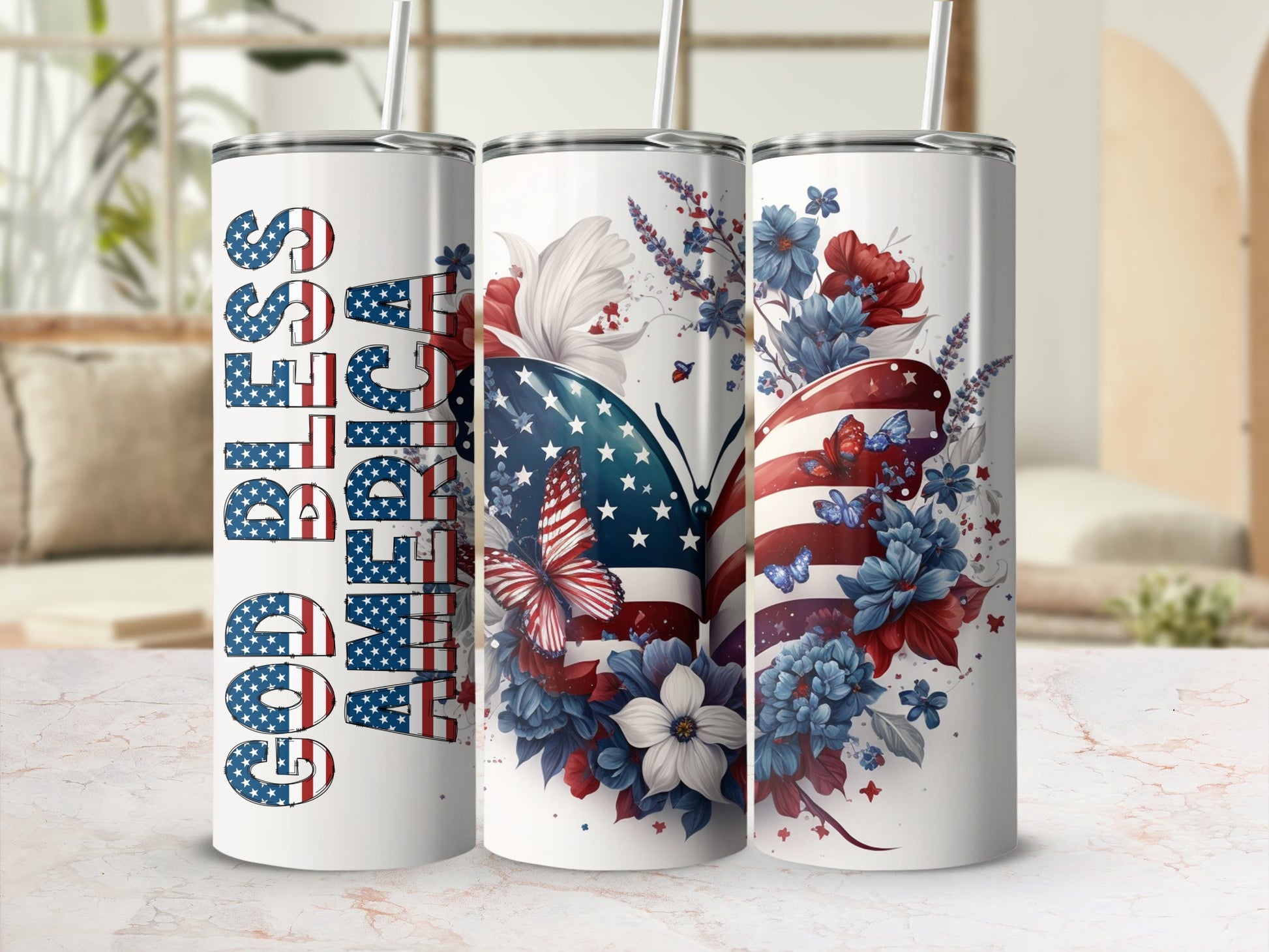 God Bless America tumbler with butterfly and floral American flag design.