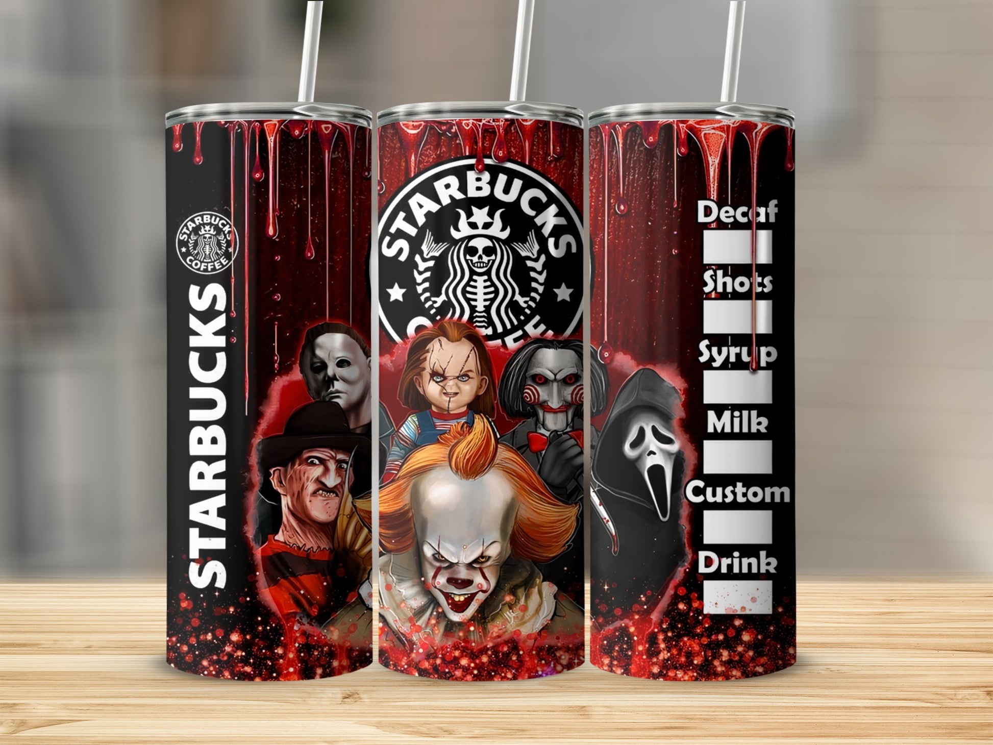 Starbucks tumbler with horror characters and drink order menu.
