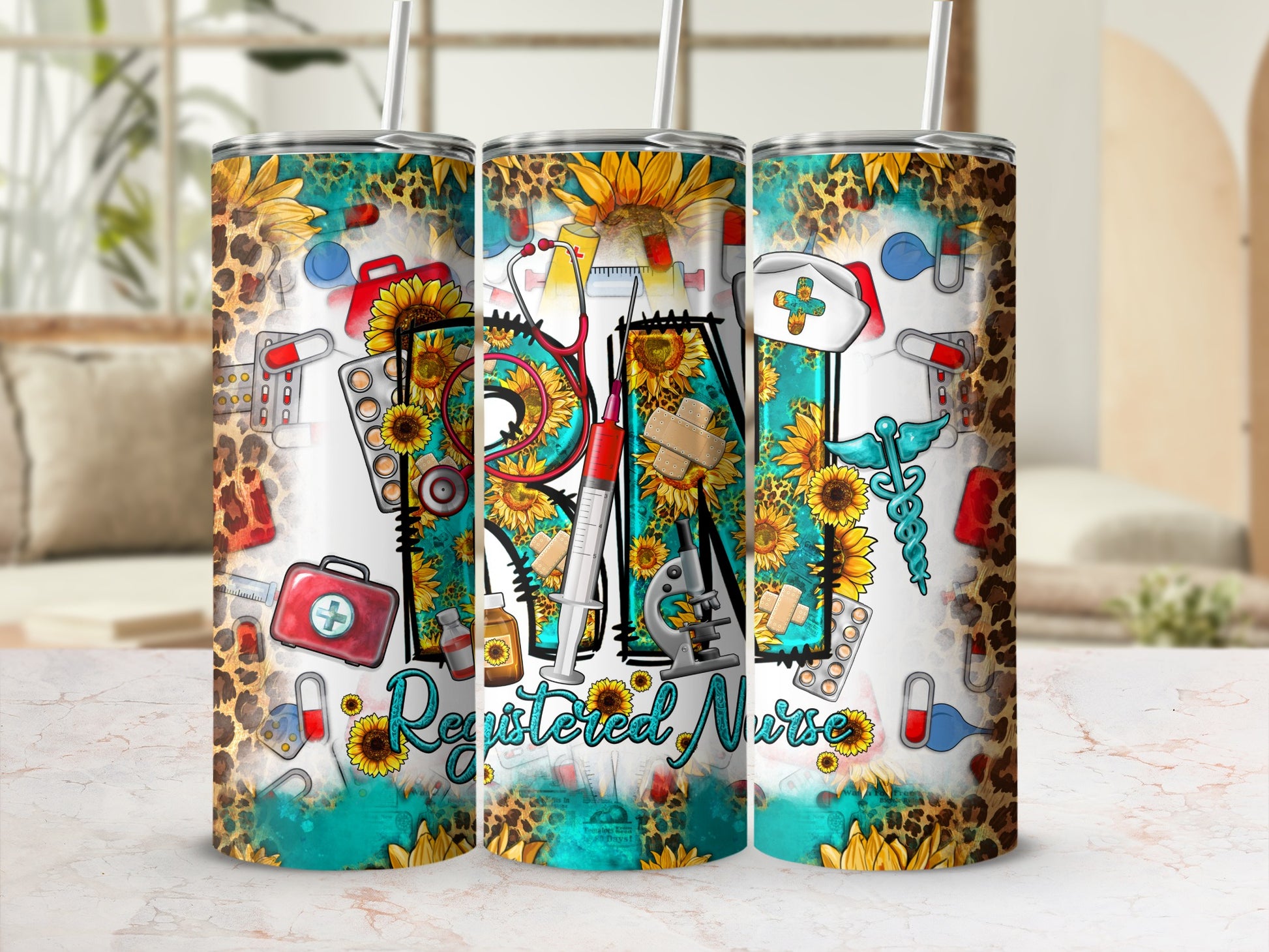 Registered nurse tumbler with sunflowers, stethoscope, and medical icons on a leopard print background.
