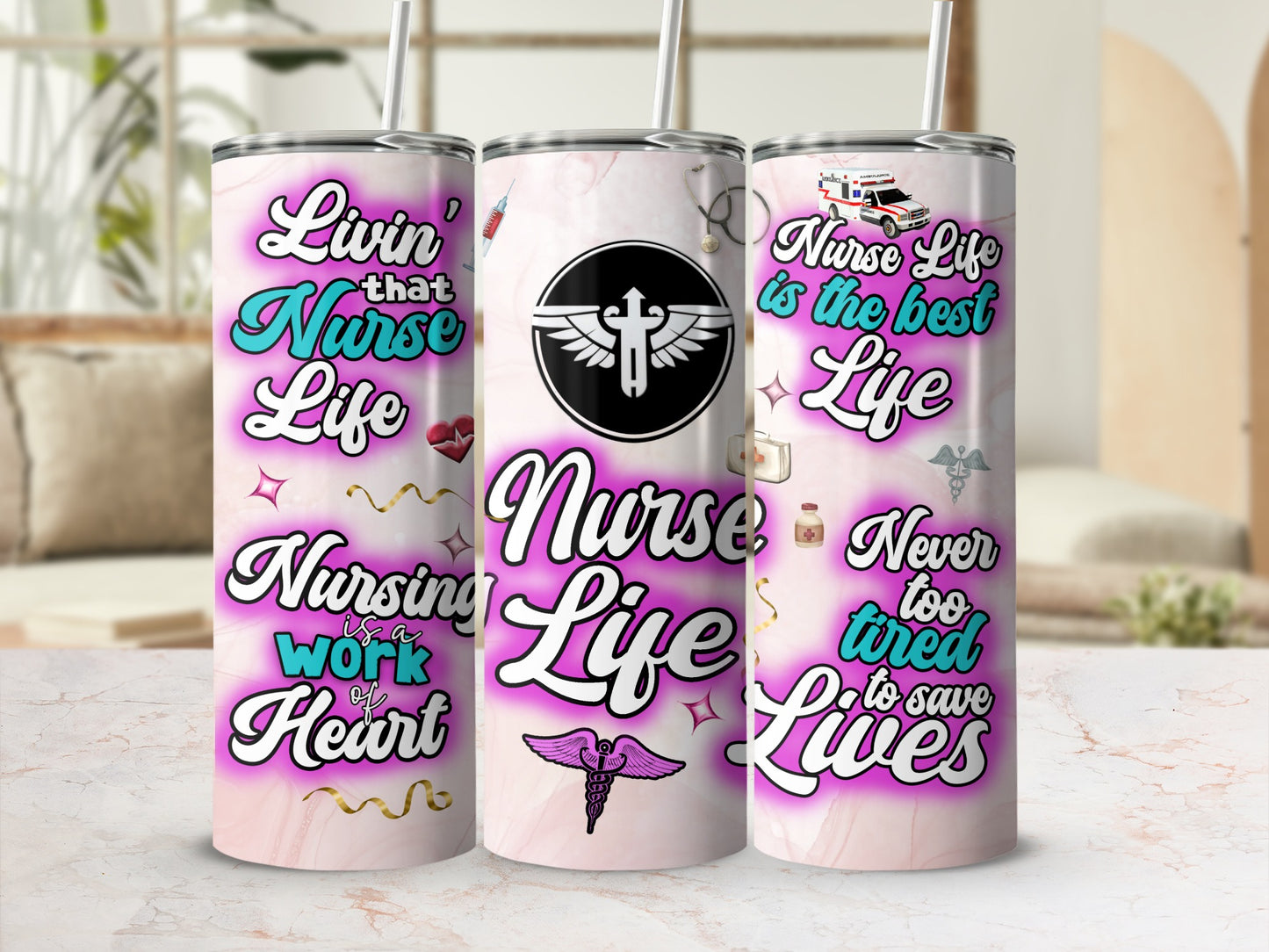 Tumbler with "Nurse Life" and medical imagery including a caduceus and ambulance.