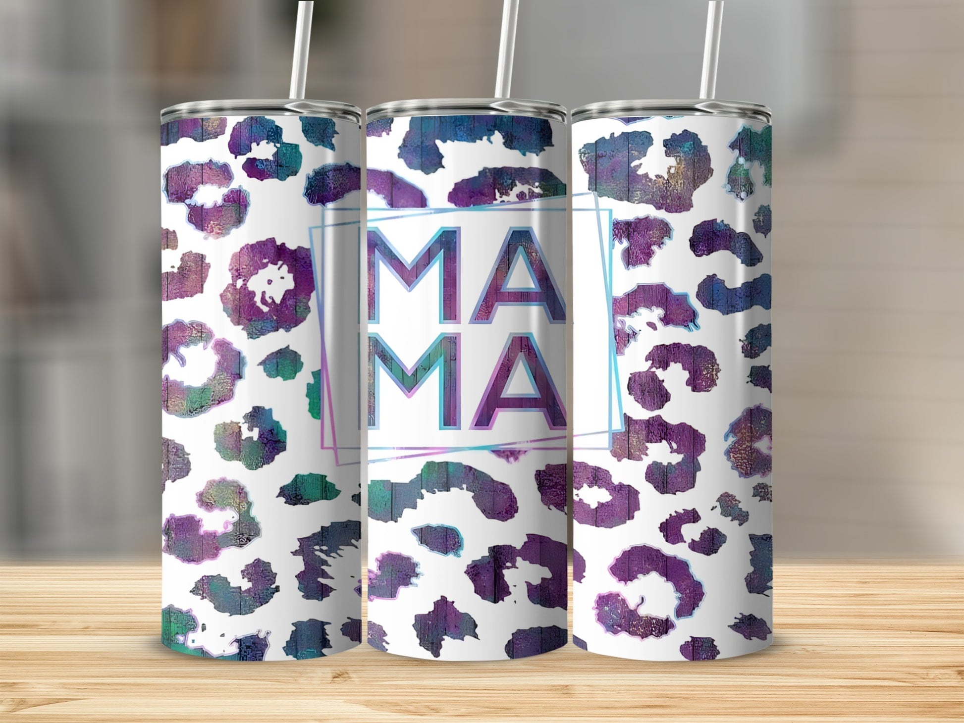 Mama tumbler with purple and blue leopard print on wooden surface.