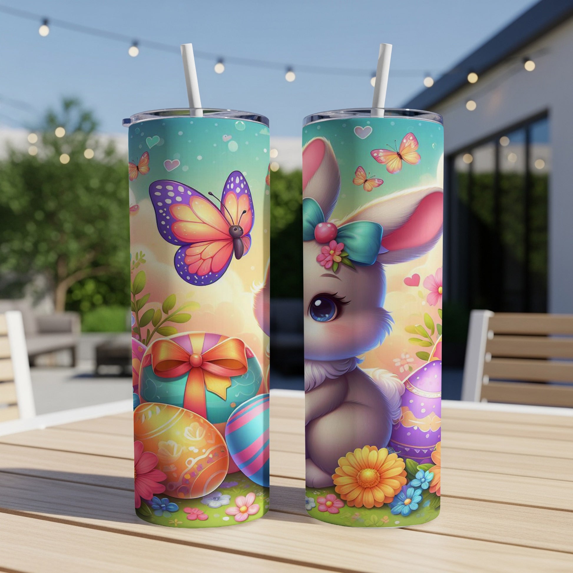 Easter bunny with colorful eggs and butterflies on a tumbler.