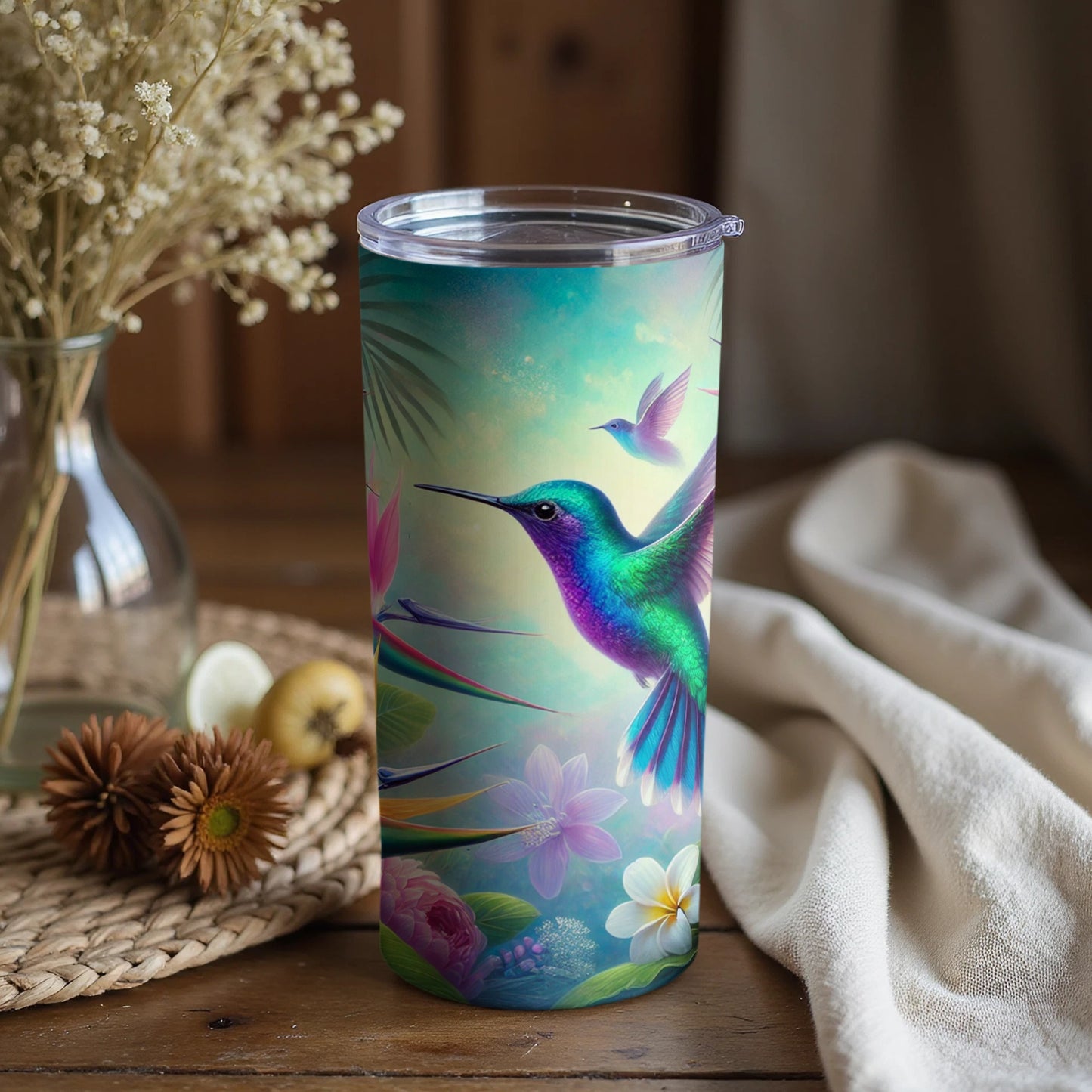 Hummingbird and Tropical Flowers Travel Mug