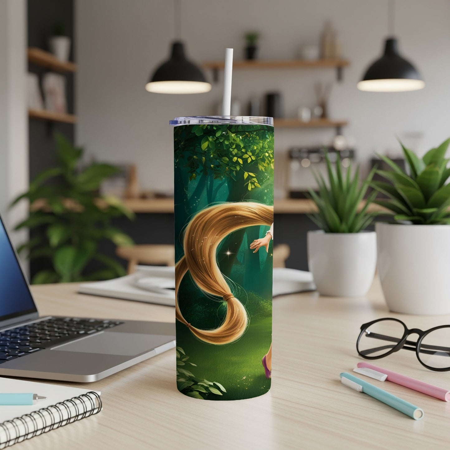Rapunzel's long blonde hair winds through a forest on a green tumbler.